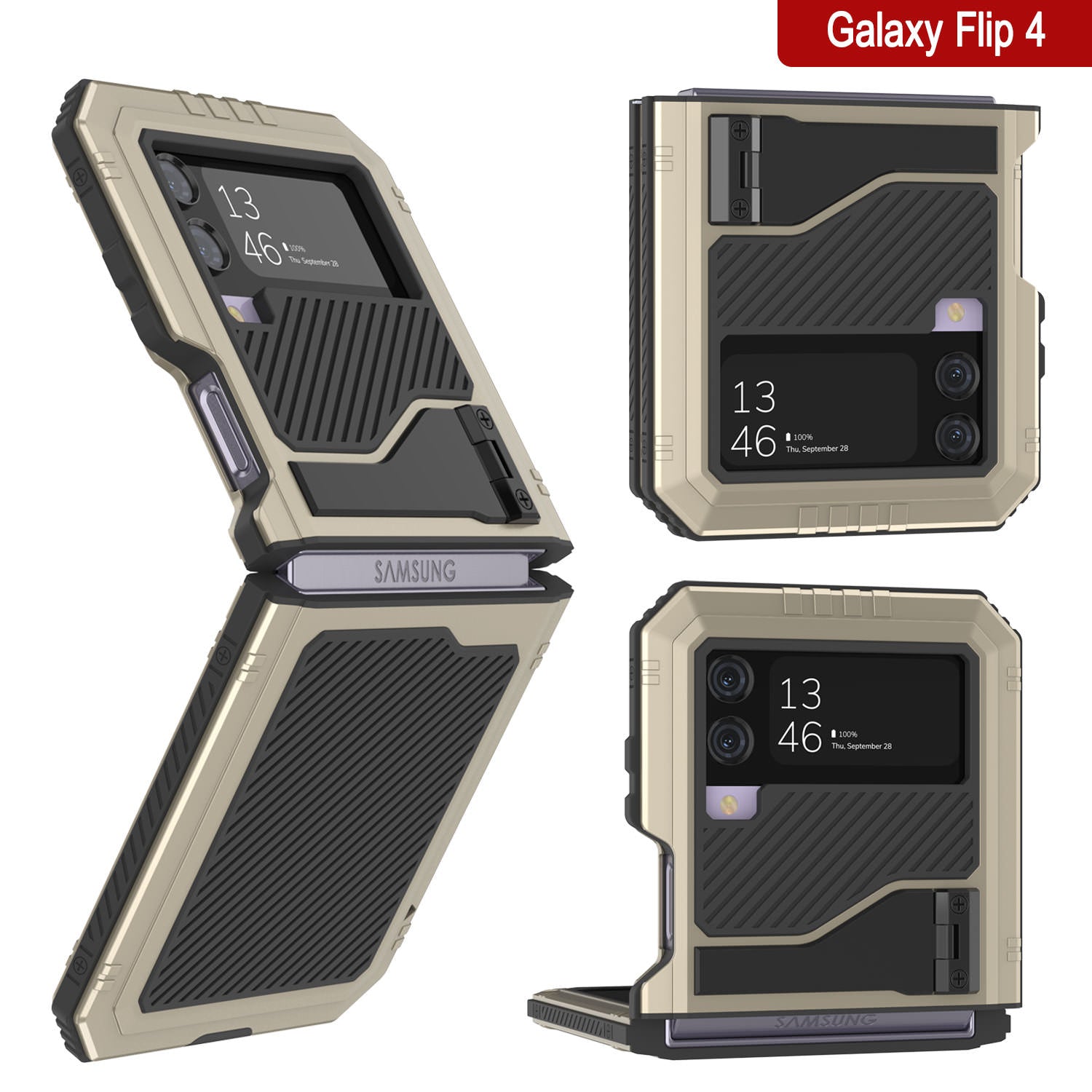 Galaxy Z Flip4 Metal Case, Heavy Duty Military Grade Armor Cover Full Body Hard [Gold]