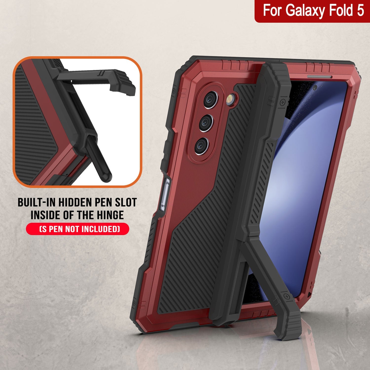 Galaxy Z Fold5 Metal Case, Heavy Duty Military Grade Armor Cover Full Body Hard [Red]