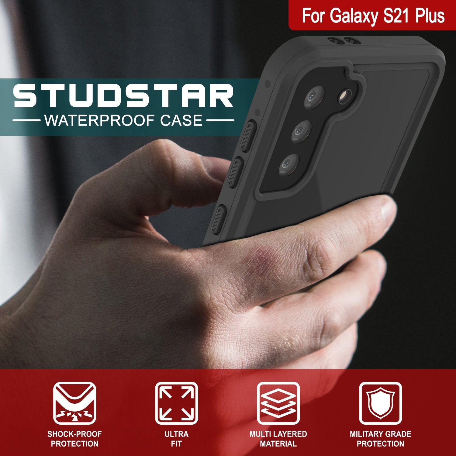 Galaxy S21+ Plus Waterproof Case PunkCase StudStar Black Thin 6.6ft Underwater IP68 Shock/Snow Proof