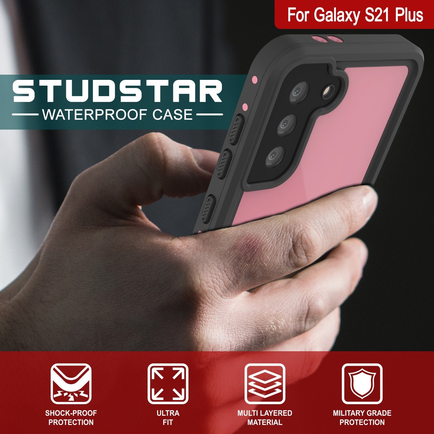 Galaxy S21+ Plus Waterproof Case PunkCase StudStar Pink Thin 6.6ft Underwater IP68 Shock/Snow Proof
