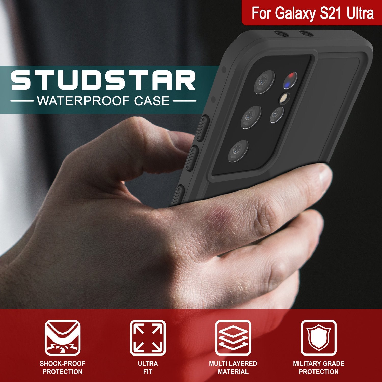 Galaxy S21 Ultra Waterproof Case PunkCase StudStar Black Thin 6.6ft Underwater IP68 Shock/Snow Proof