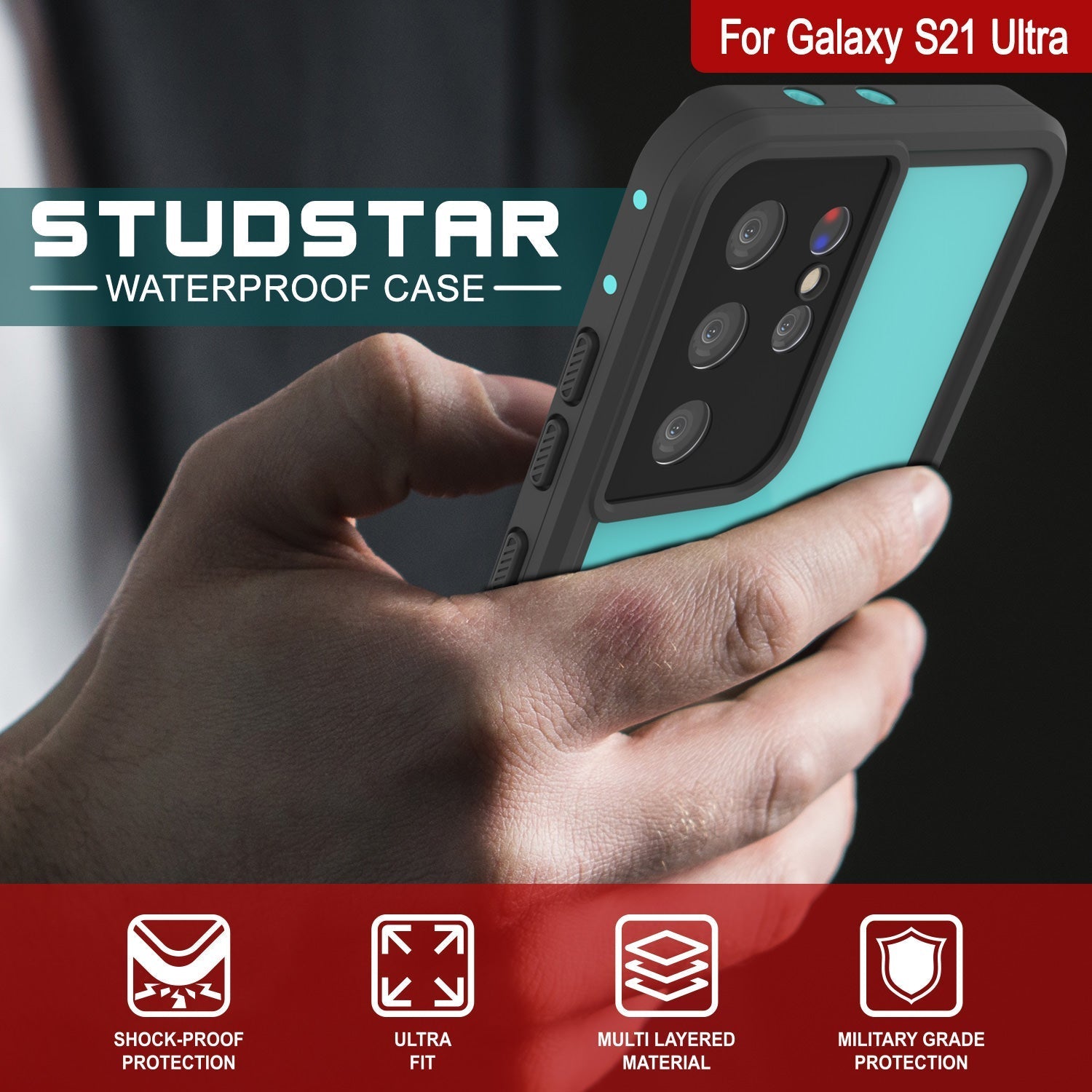 Galaxy S22 Ultra Waterproof Case PunkCase StudStar Teal Thin 6.6ft Underwater IP68 Shock/Snow Proof