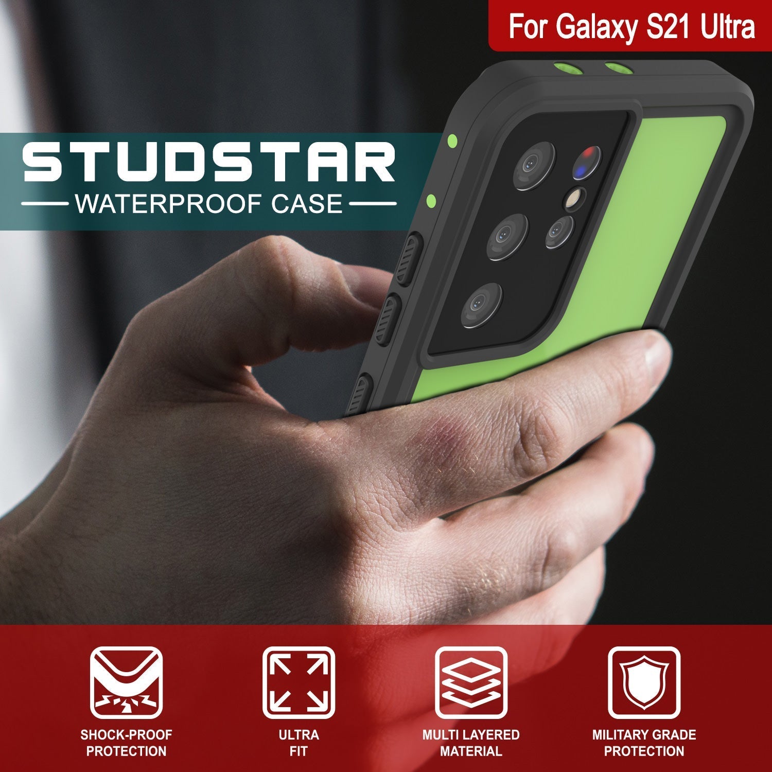 Galaxy S22 Ultra Waterproof Case PunkCase StudStar Light Green Thin 6.6ft Underwater IP68 ShockProof