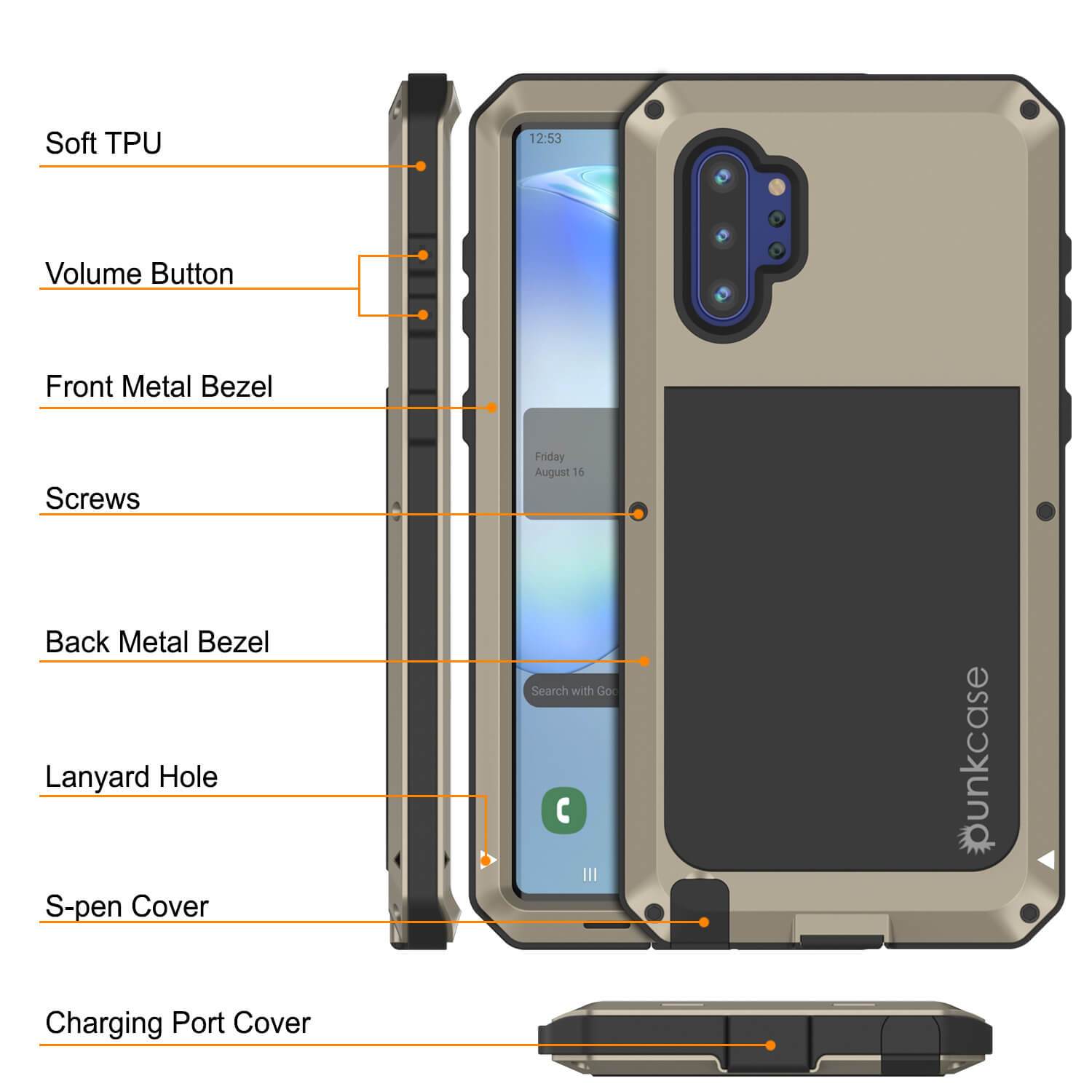 Galaxy Note 10+ Plus  Case, PUNKcase Metallic Gold Shockproof  Slim Metal Armor Case [Gold]