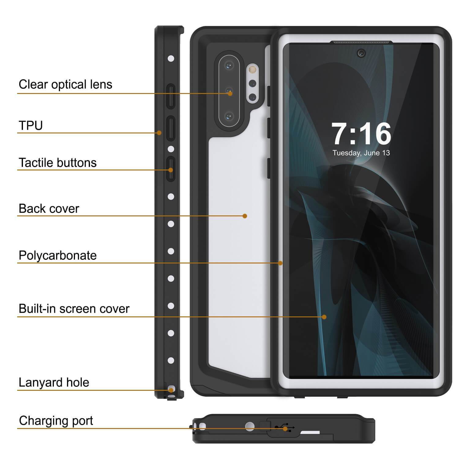 Galaxy Note 10+ Plus Waterproof Case, Punkcase Studstar White Thin Armor Cover