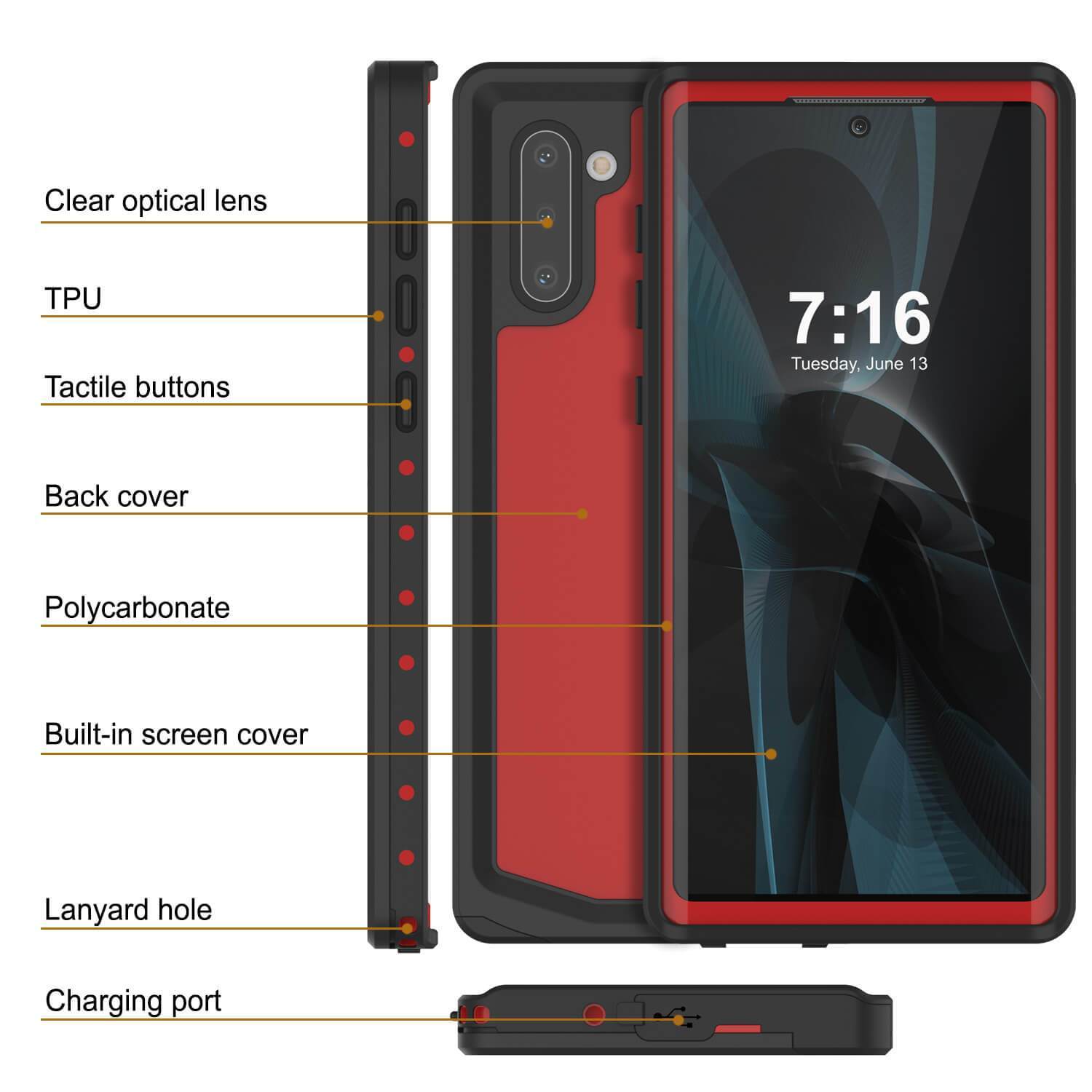 Galaxy Note 10 Waterproof Case, Punkcase Studstar Red Series Thin Armor Cover
