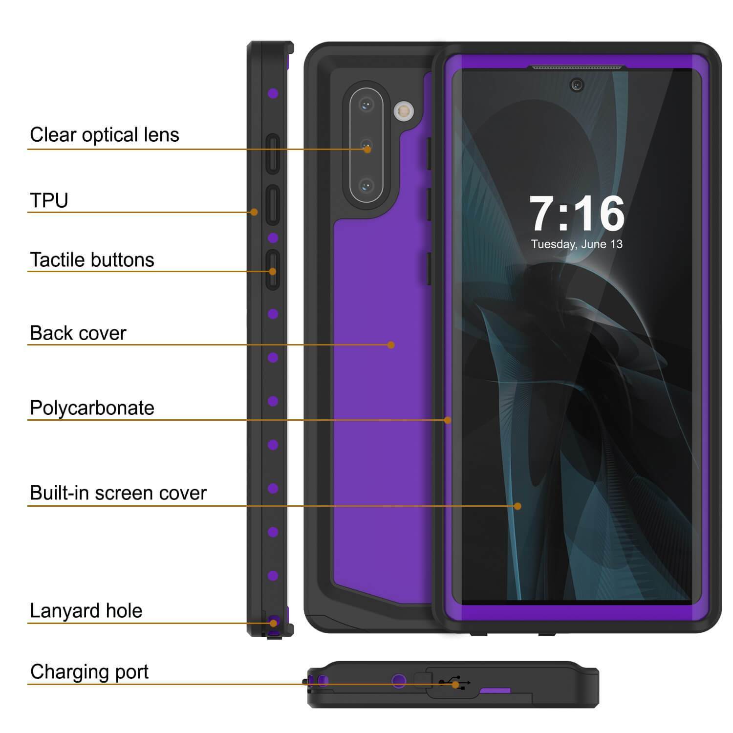 Galaxy Note 10 Waterproof Case, Punkcase Studstar Purple Series Thin Armor Cover