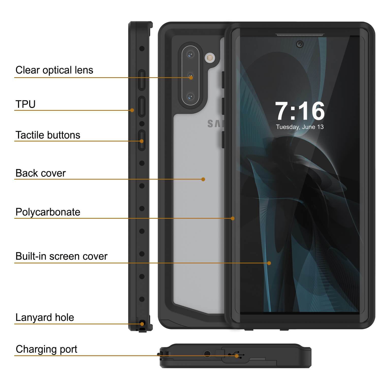 Galaxy Note 10 Waterproof Case, Punkcase Studstar Clear Thin Armor Cover