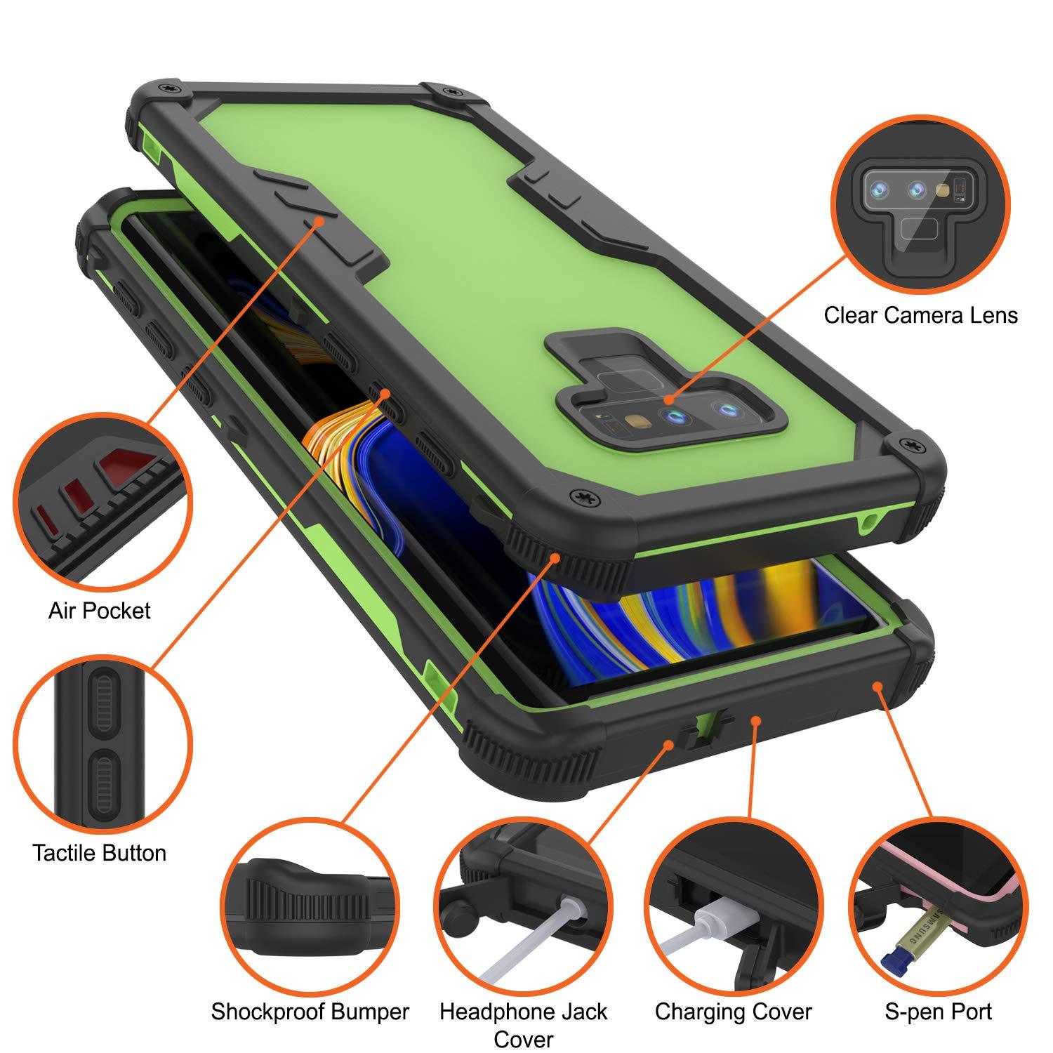 Punkcase Galaxy Note 9 Waterproof Case [Navy Seal Extreme Series] Armor Cover W/ Built In Screen Protector [Light Green]