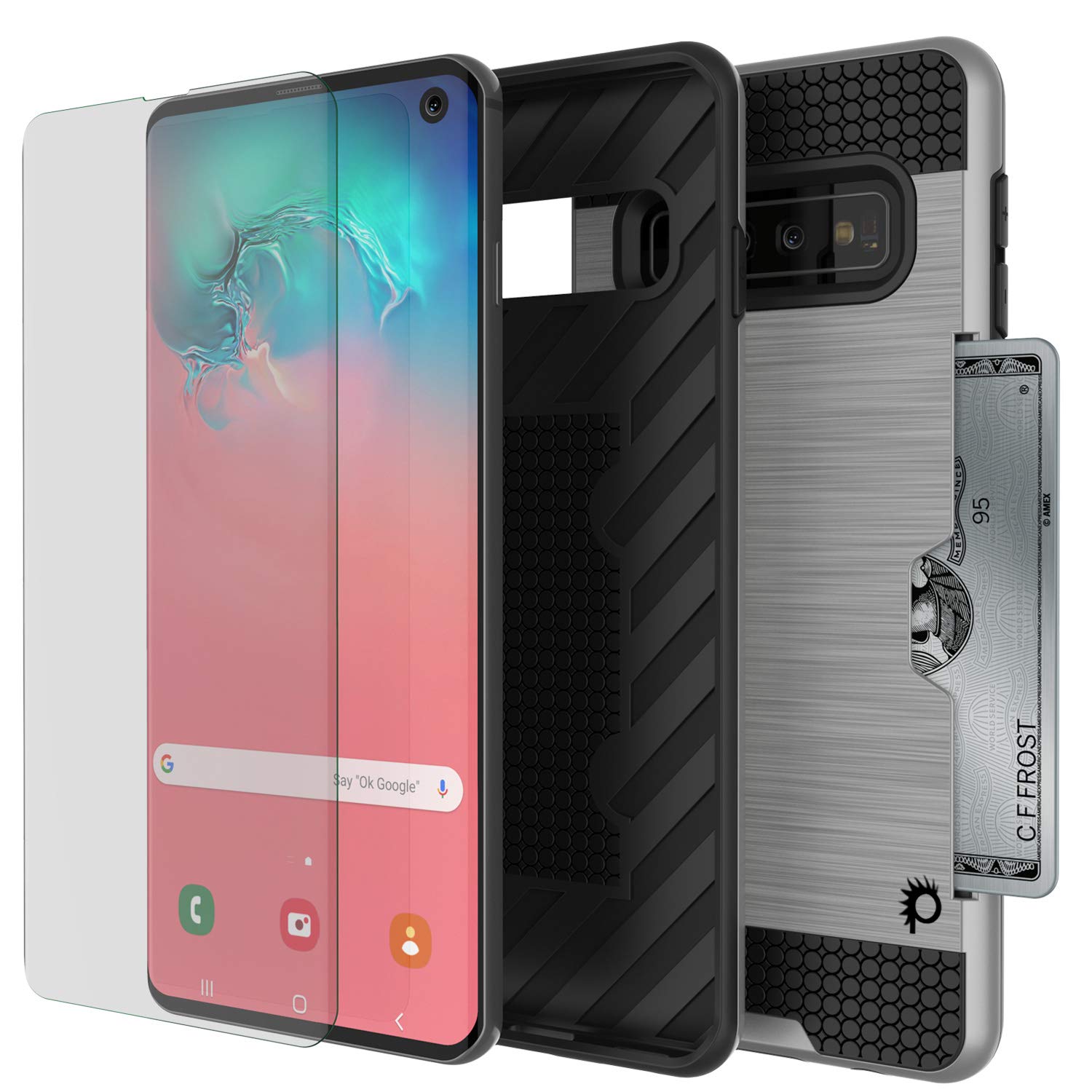 Galaxy S10 Case, PUNKcase [SLOT Series] [Slim Fit] Dual-Layer Armor Cover w/Integrated Anti-Shock System, Credit Card Slot [Silver]