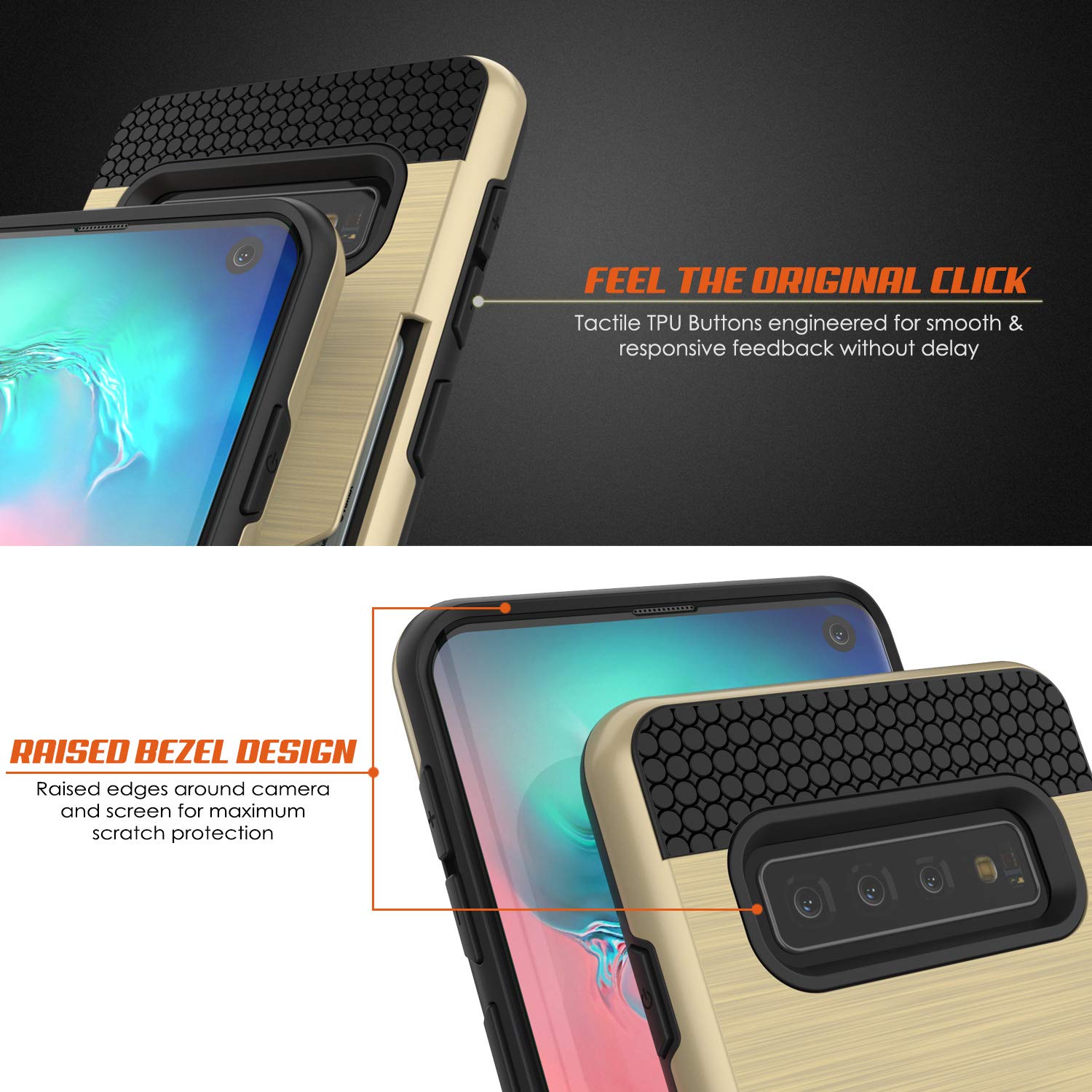 Galaxy S10 Case, PUNKcase [SLOT Series] [Slim Fit] Dual-Layer Armor Cover w/Integrated Anti-Shock System, Credit Card Slot [Gold]