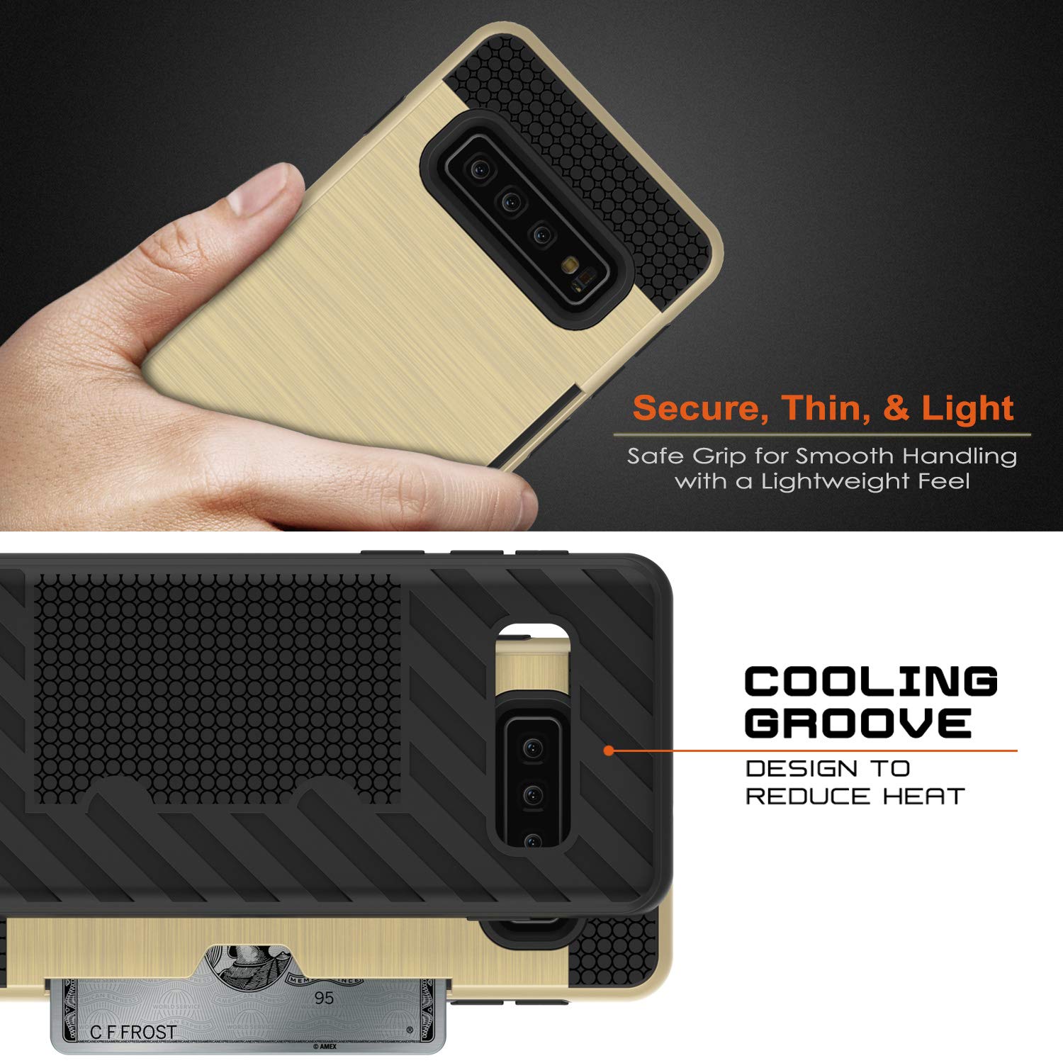 Galaxy S10 Case, PUNKcase [SLOT Series] [Slim Fit] Dual-Layer Armor Cover w/Integrated Anti-Shock System, Credit Card Slot [Gold]