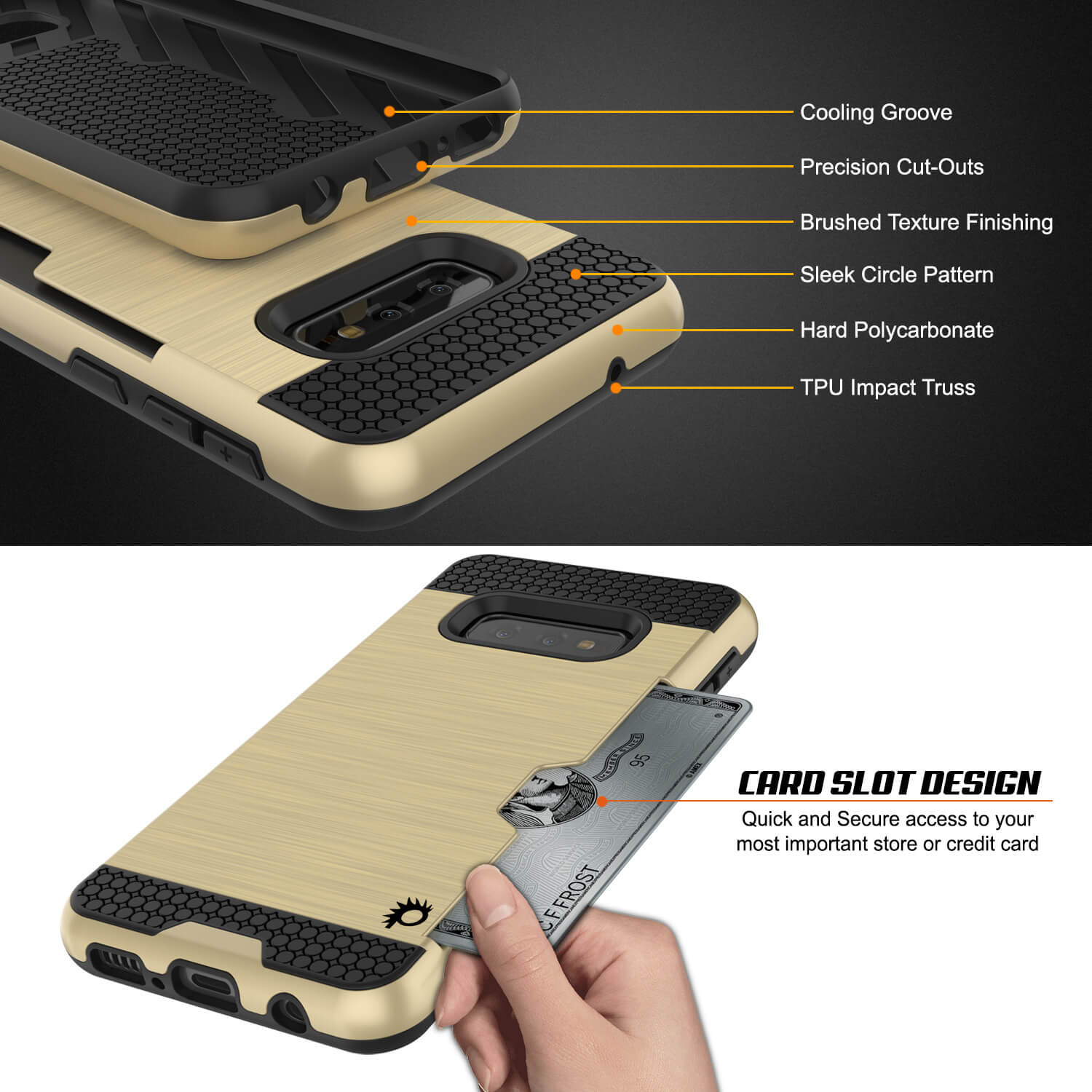 Galaxy S10e Case, PUNKcase [SLOT Series] [Slim Fit] Dual-Layer Armor Cover w/Integrated Anti-Shock System, Credit Card Slot [Gold]