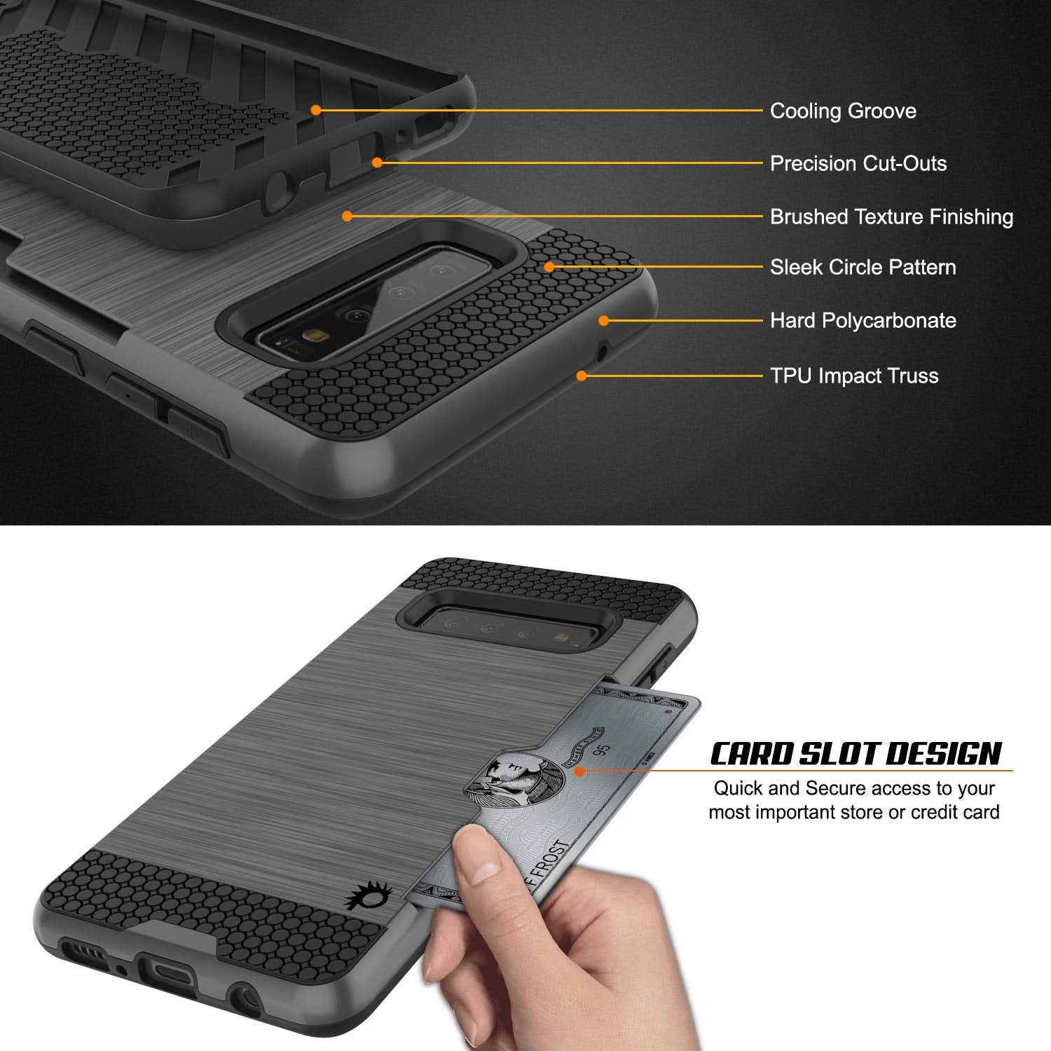 Galaxy S10+ Plus  Case, PUNKcase [SLOT Series] [Slim Fit] Dual-Layer Armor Cover w/Integrated Anti-Shock System, Credit Card Slot [Grey]