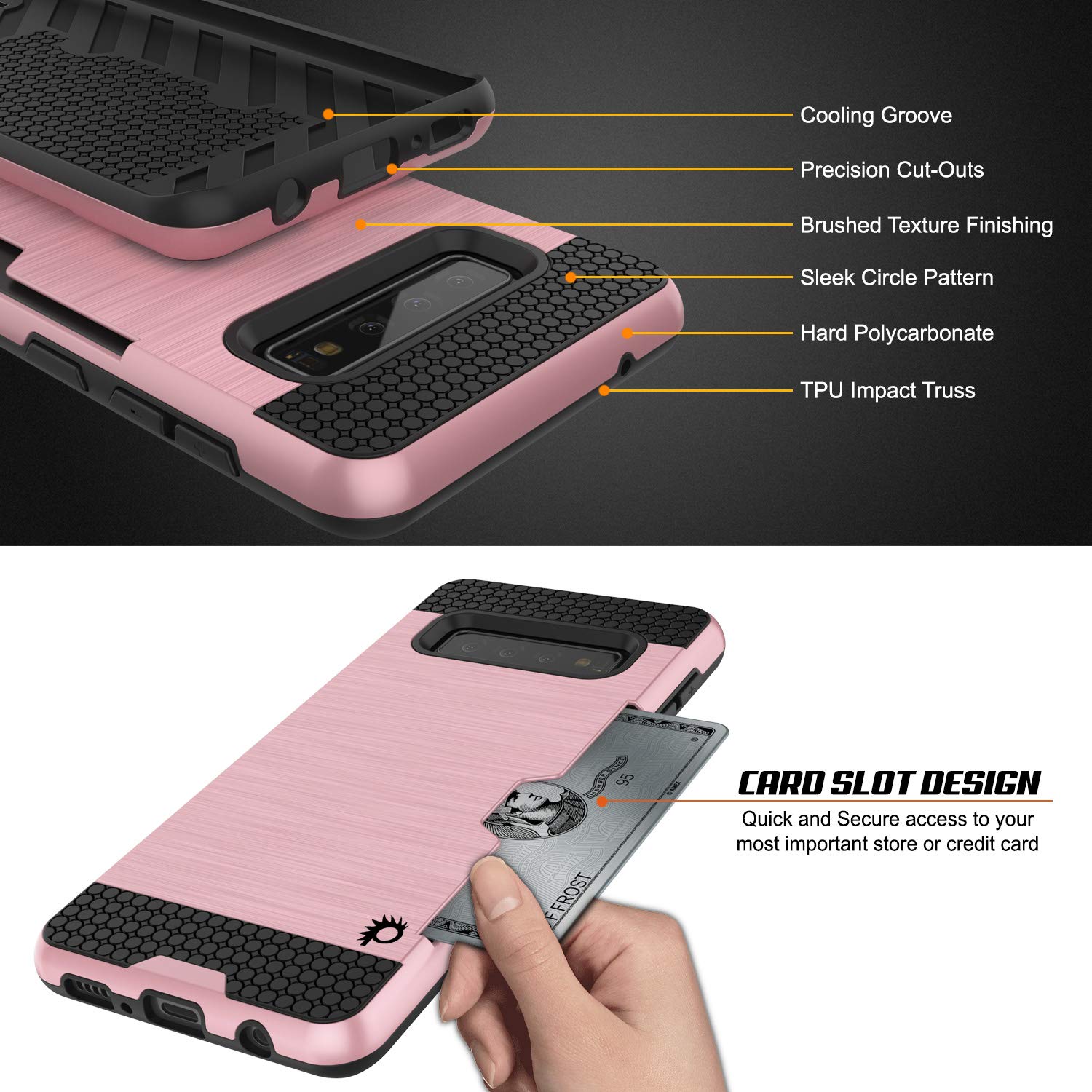 Galaxy S10+ Plus  Case, PUNKcase [SLOT Series] [Slim Fit] Dual-Layer Armor Cover w/Integrated Anti-Shock System, Credit Card Slot [Rose Gold]