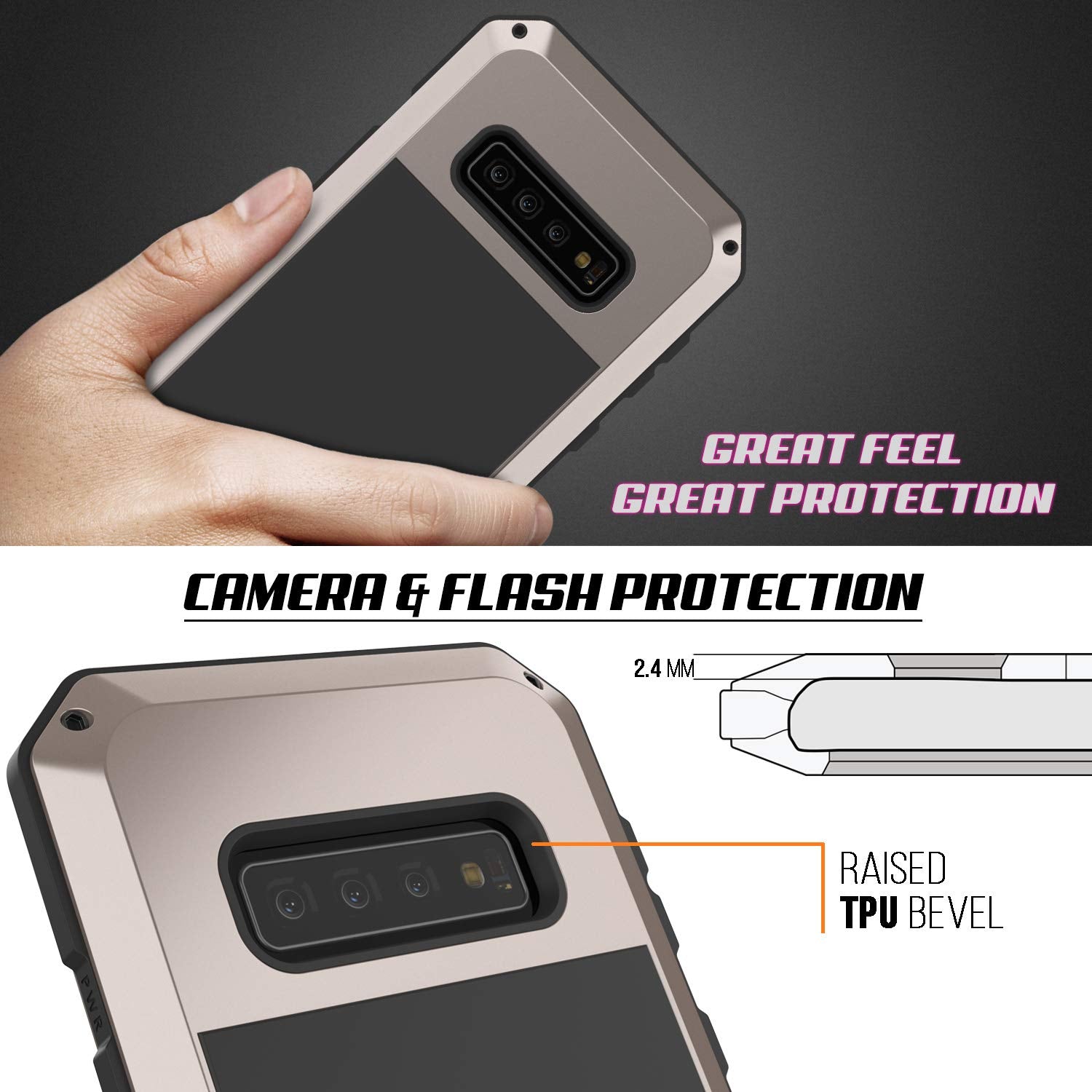 Galaxy S10+ Plus Metal Case, Heavy Duty Military Grade Rugged Armor Cover [Gold]