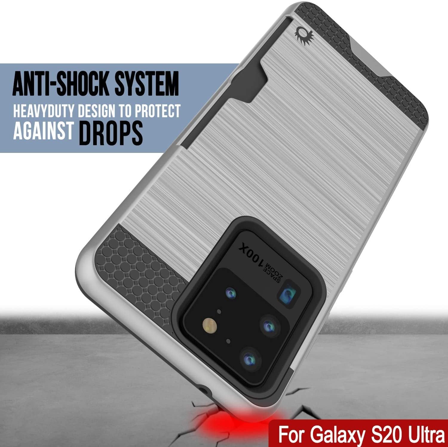 Galaxy S20 Ultra Case, PUNKcase [SLOT Series] [Slim Fit] Dual-Layer Armor Cover w/Integrated Anti-Shock System, Credit Card Slot [Silver]