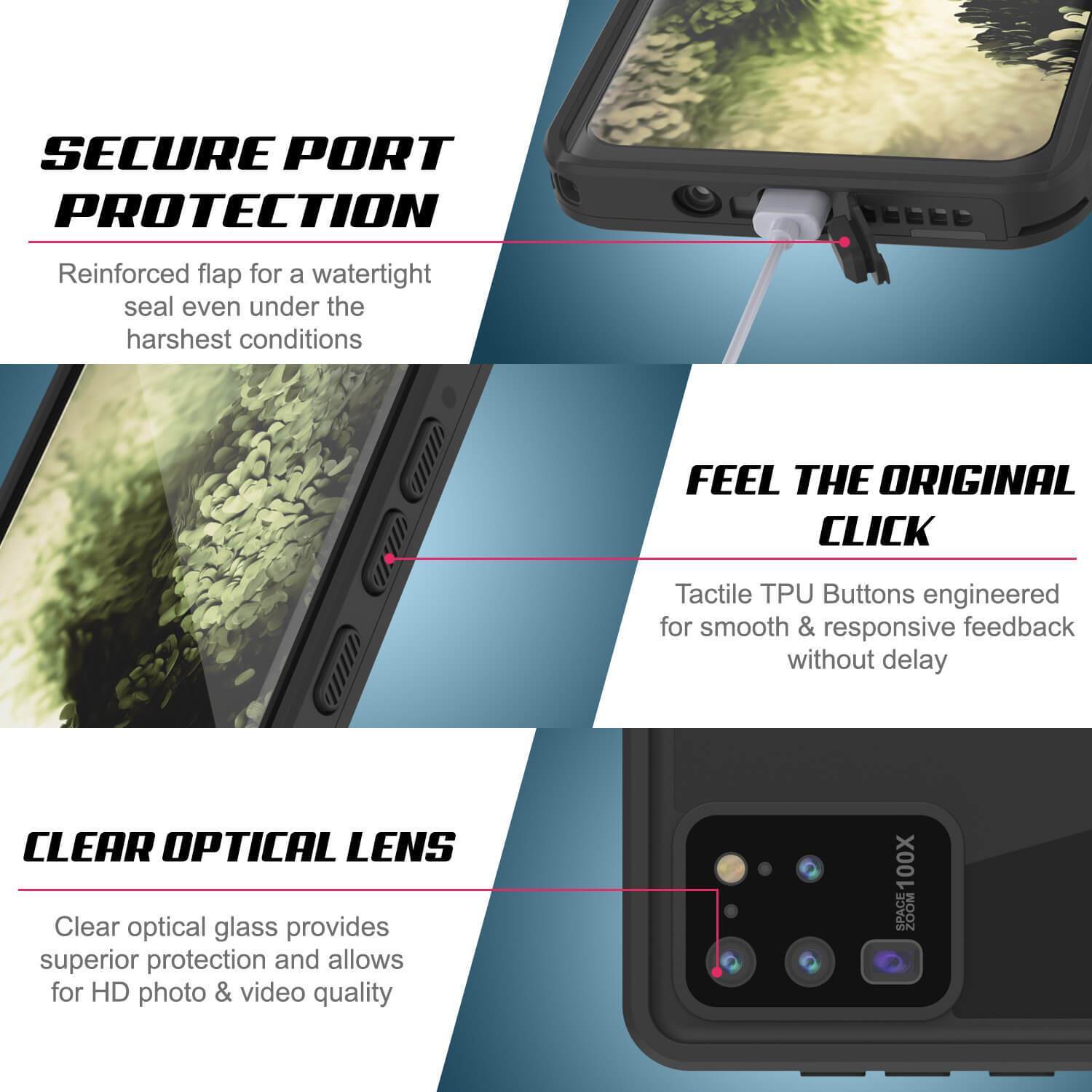 Galaxy S20 Ultra Waterproof Case PunkCase StudStar Black Thin 6.6ft Underwater IP68 Shock/Snow Proof