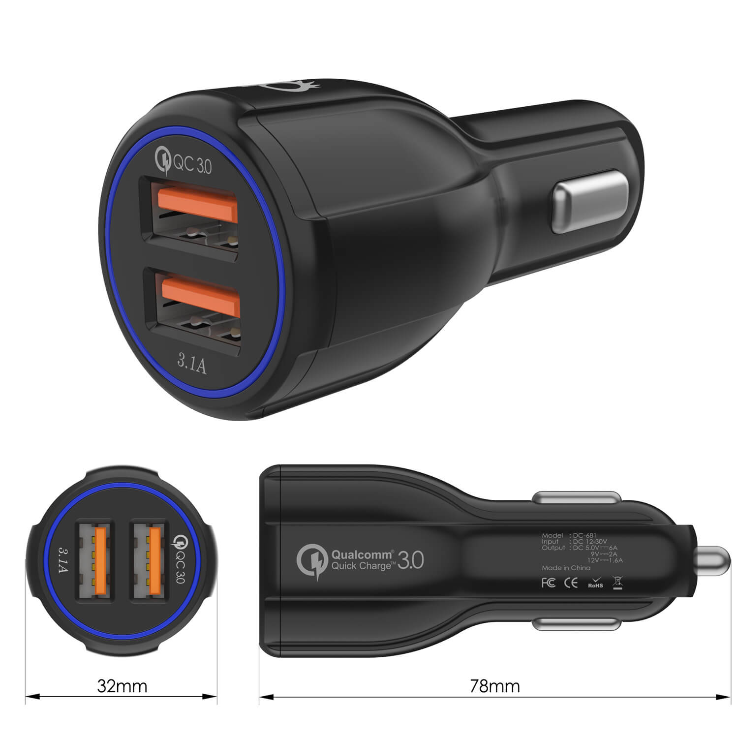 Ghostek® NRGcharge QuickCharge 2.0 Rapid High-speed Fast Wall Car Black Charger w/ Micro USB Cable