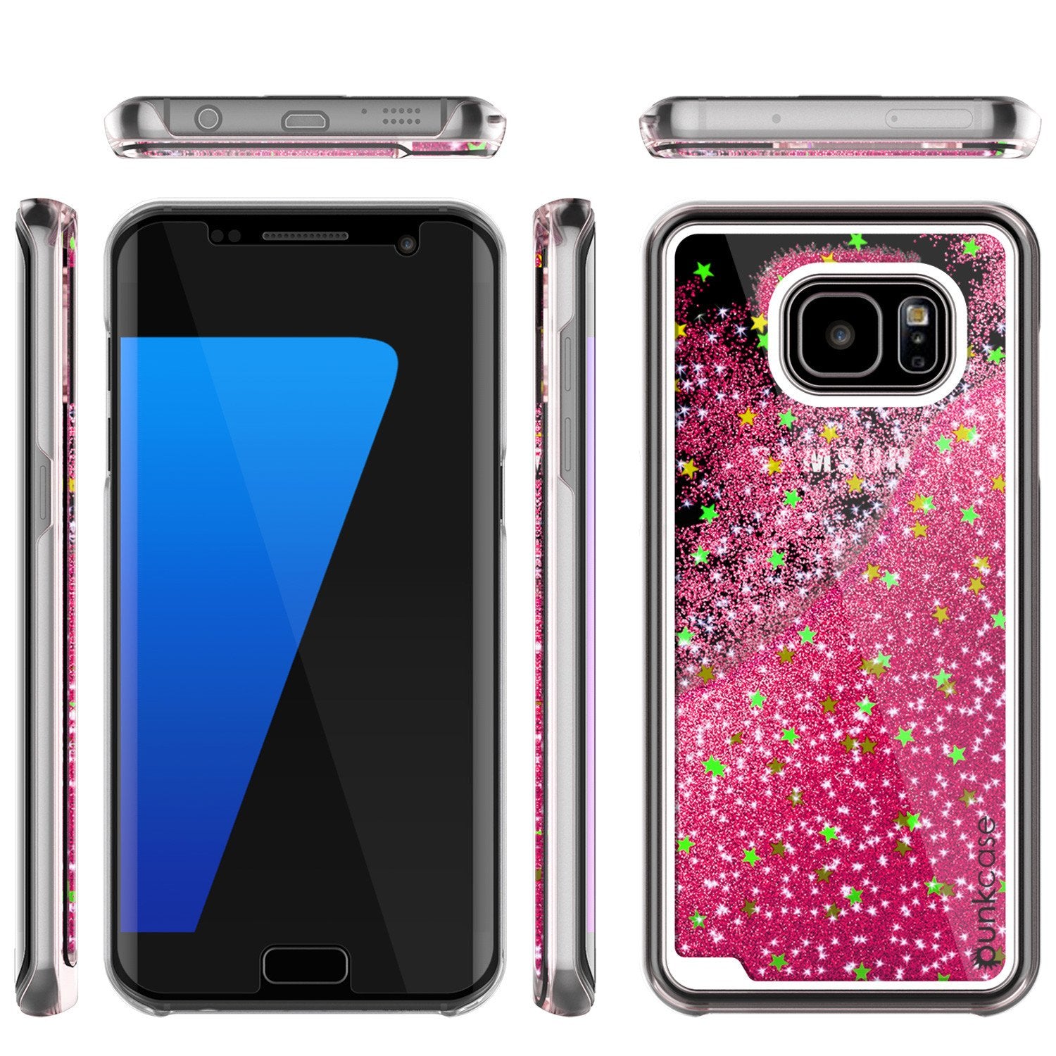 S7 Edge Case, PunkCase LIQUID Pink Series, Protective Dual Layer Floating Glitter Cover