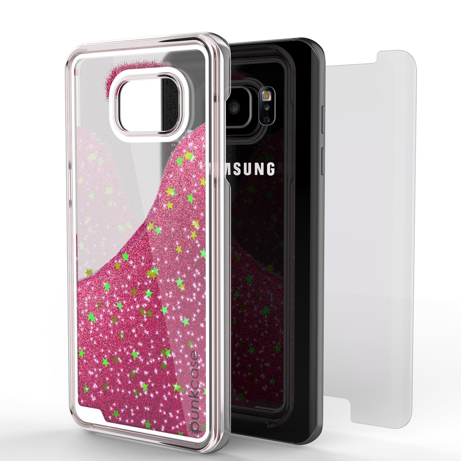 S7 Edge Case, PunkCase LIQUID Pink Series, Protective Dual Layer Floating Glitter Cover
