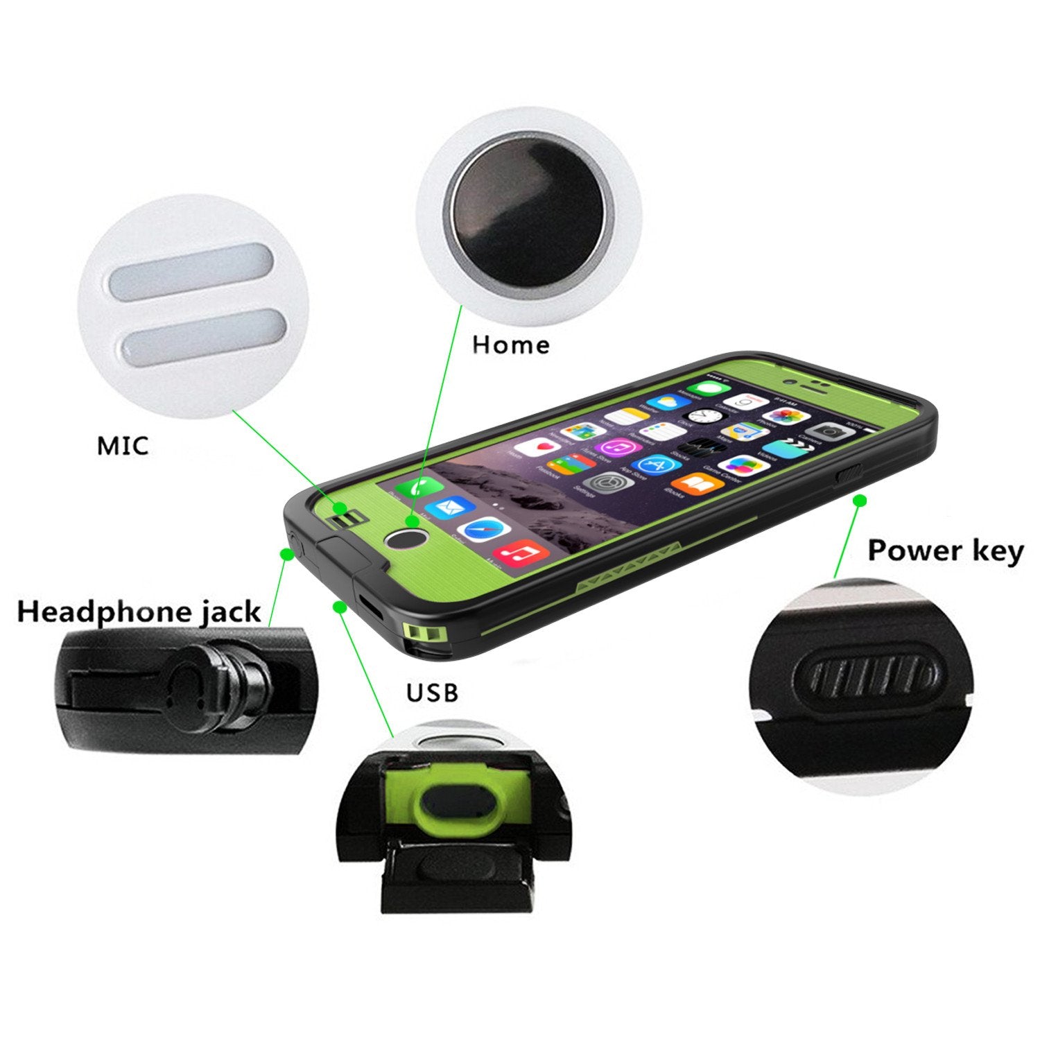 iPhone 6+/6S+ Plus Waterproof Case, Punkcase SpikeStar Light GreenThin Fit 6.6ft Underwater IP68