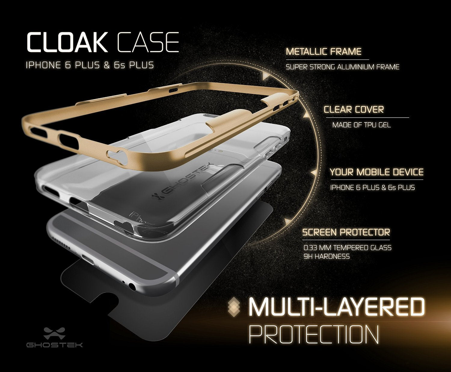 iPhone 6s Plus Case Gold Ghostek Cloak, Slim Protective Armor w/ Tempered Glass | Lifetime Warranty