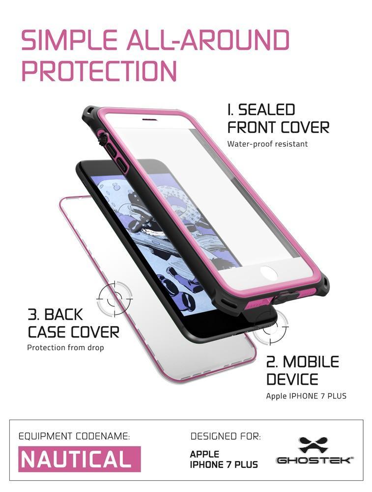 iPhone 7 Plus Waterproof Case, Ghostek Nautical Series for Apple iPhone 7 Plus | Slim Underwater Protection | Shockproof | Dirt-proof | Snow-proof | Protective | Adventure Duty | Swimming | Pink