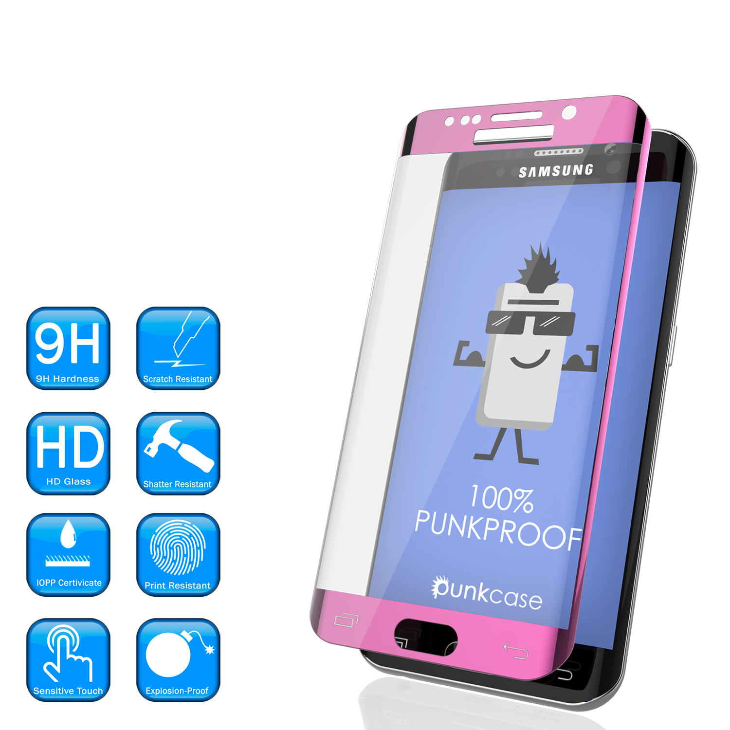 Galaxy S6 Edge Pink Tempered Glass Screen Protector, PUNKSHIELD \0.33mm Thick 9H Glass
