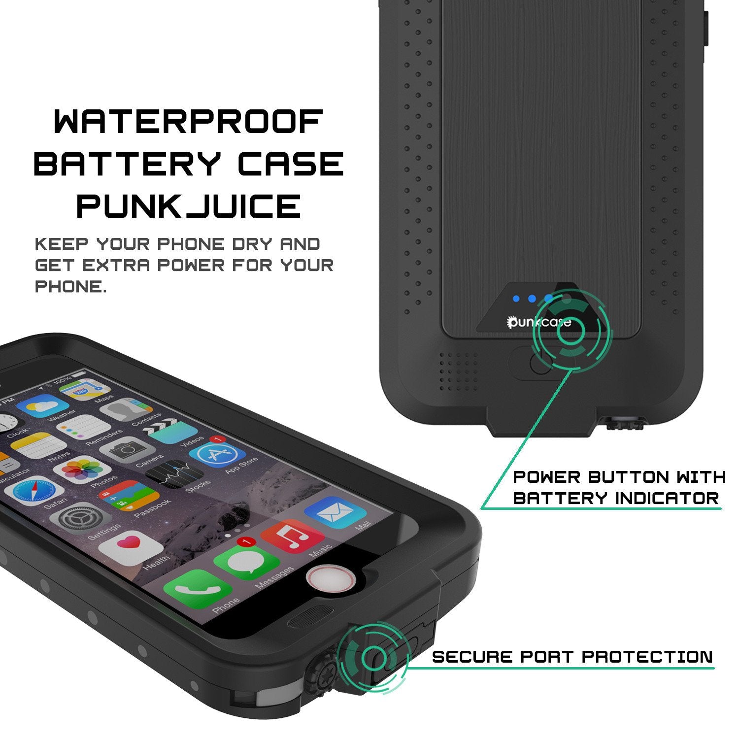 PunkJuice iPhone 6/6s Battery Case Black Waterproof Power Juice Bank w/ 2750mAh  | Fastcharging