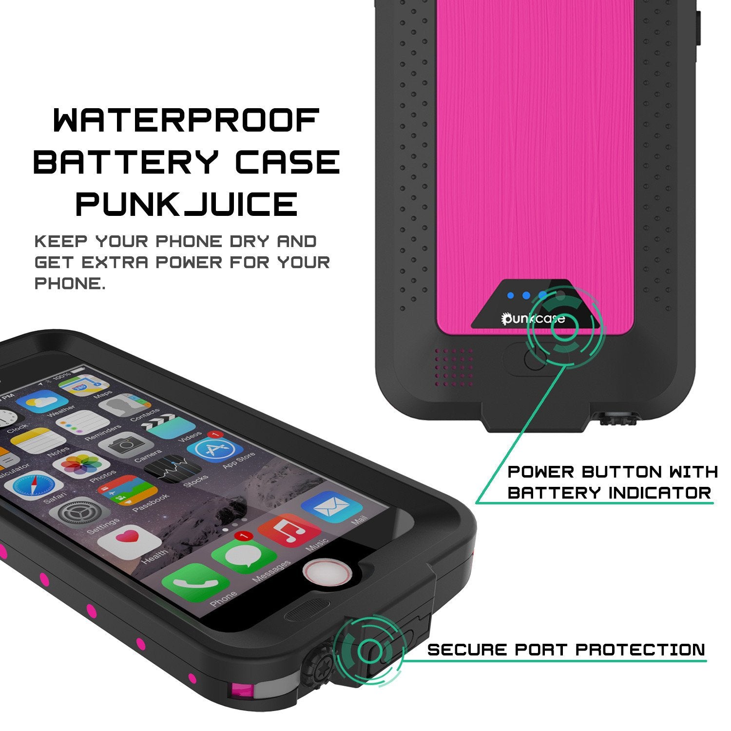 PunkJuice iPhone 6/6s Battery Case Pink Waterproof Power Juice Bank w/ 2750mAh  | Fastcharging