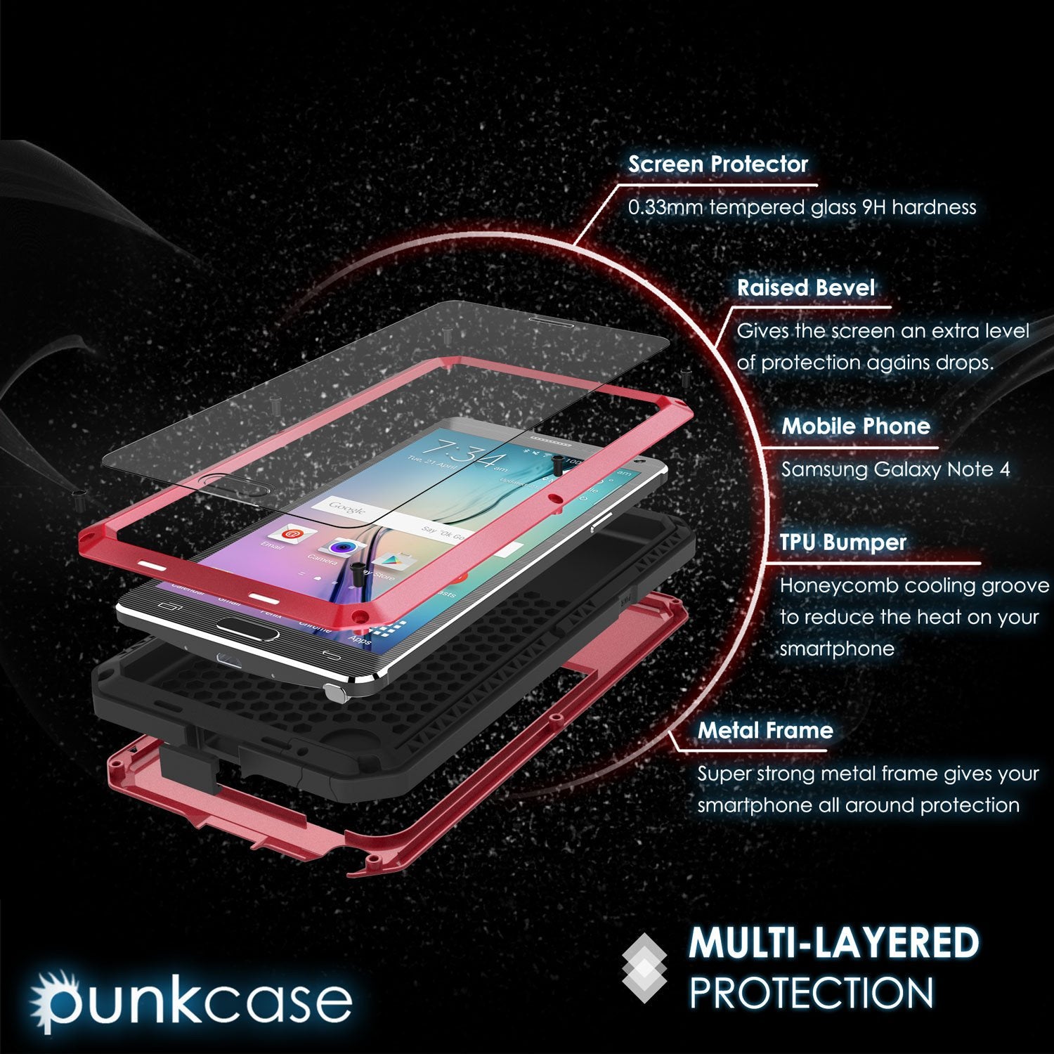 Note 4 Case, Punkcase® METALLIC Series RED w/ TEMPERED GLASS | Aluminum Frame