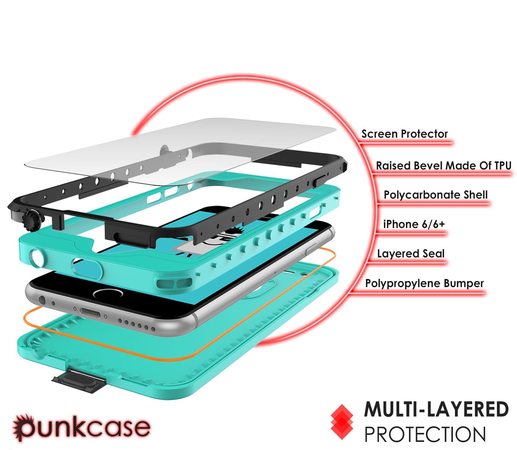 iPhone 6S+/6+ Plus Waterproof Case, PUNKcase StudStar Teal w/ Attached Screen Protector | Warranty