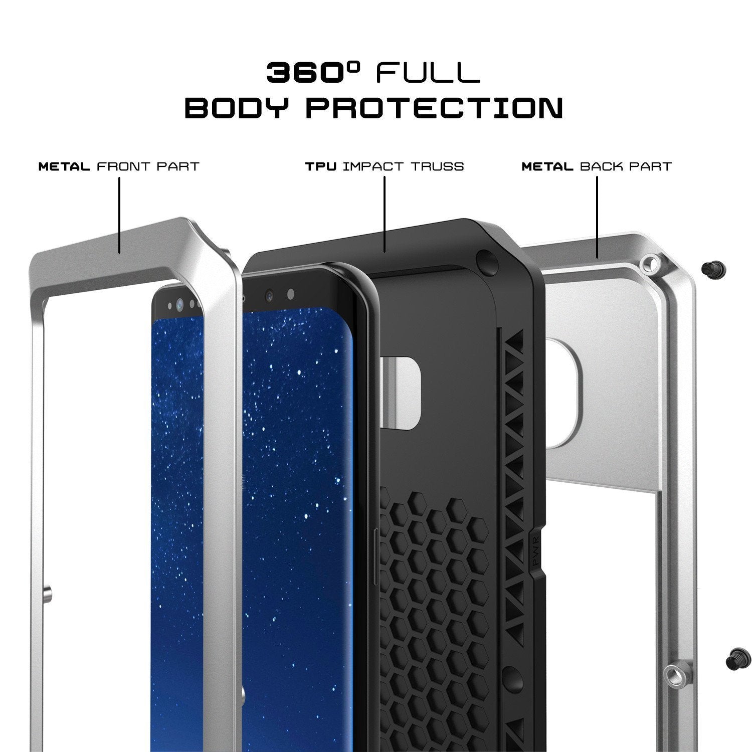Galaxy Note 8  Case, Punkcase Metallic Silver W/ Tempered Glass Screen