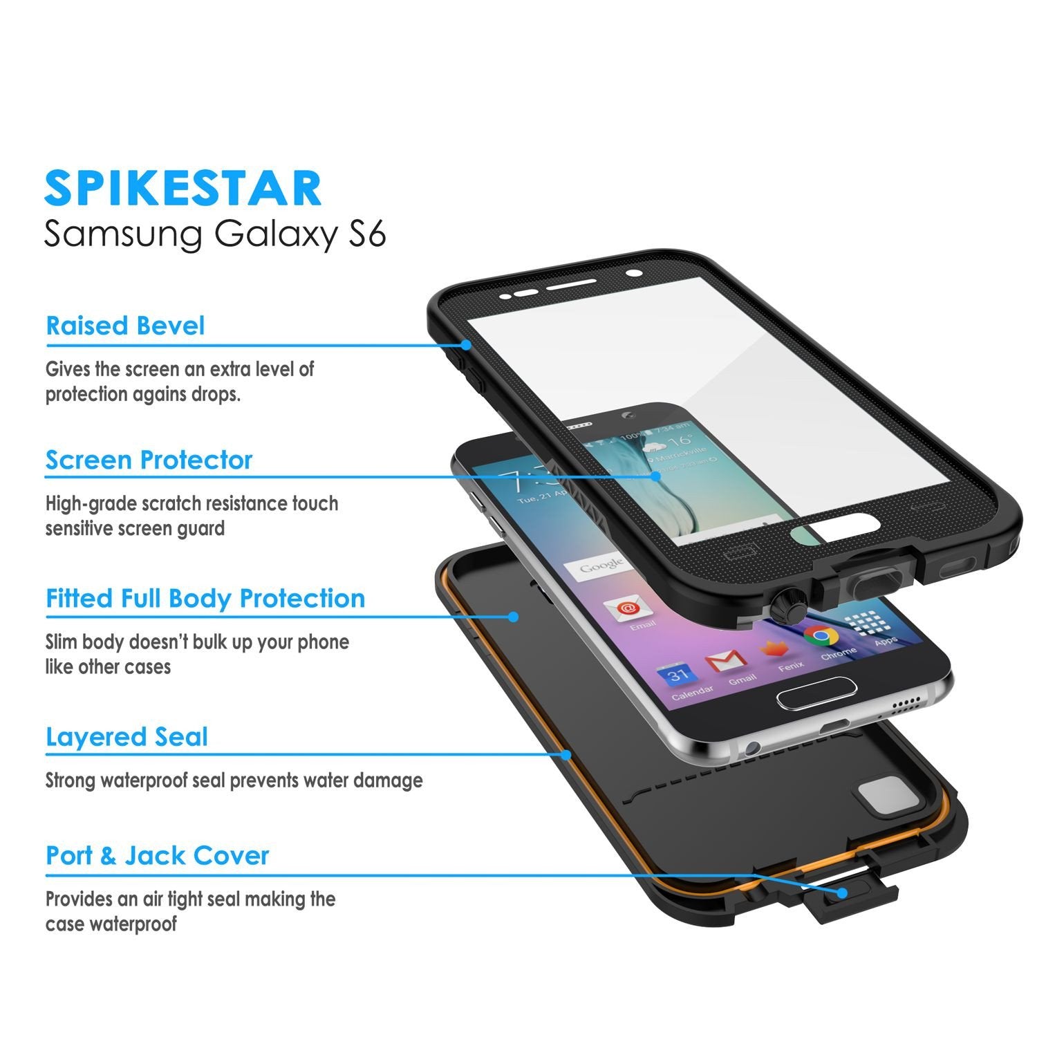 Galaxy S6 Waterproof Case, Punkcase SpikeStar Black Water/Shock/Dirt/Snow Proof | Lifetime Warranty