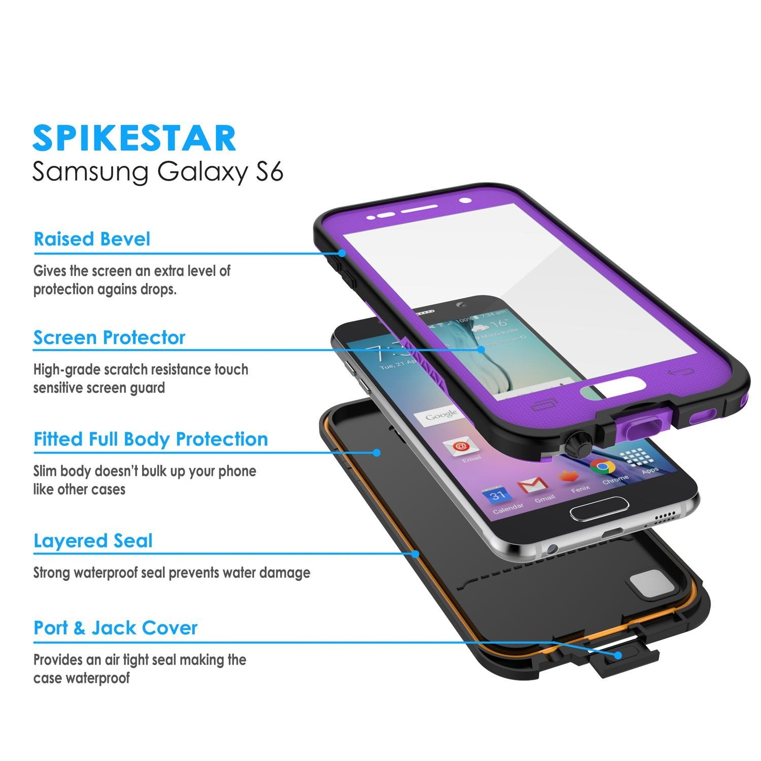 Galaxy S6 Waterproof Case, PunkCase SpikeStar Purple Water/Shock/Dirt/Snow Proof | Lifetime Warranty