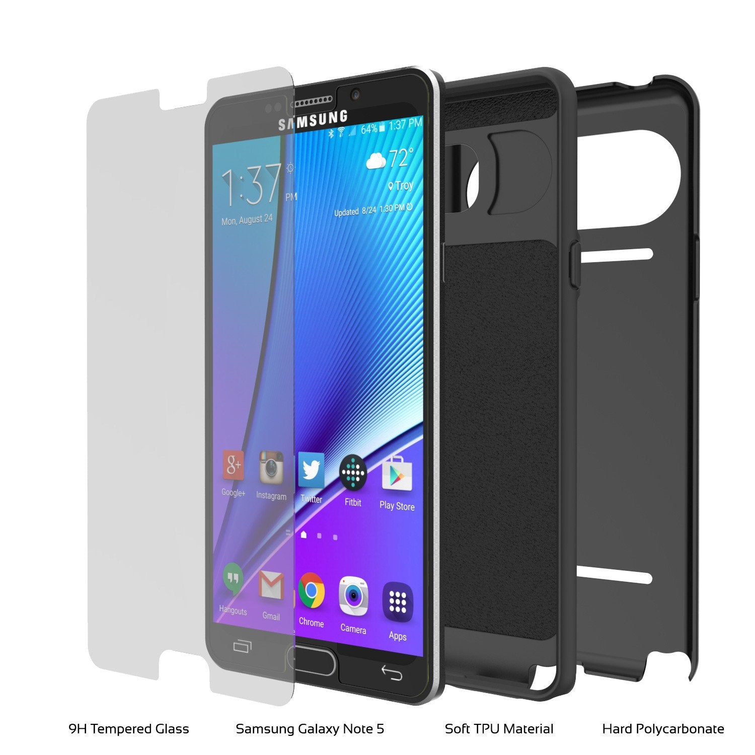 Galaxy Note 5 Case PunkCase CLUTCH Black Series Slim Armor Soft Cover Case w/ Tempered Glass