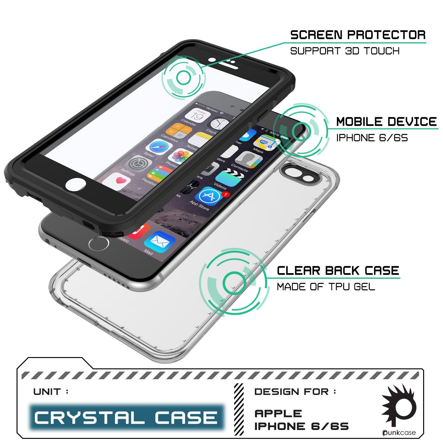 iPhone 6+/6S+ Plus Waterproof Case, PUNKcase CRYSTAL Black W/ Attached Screen Protector | Warranty