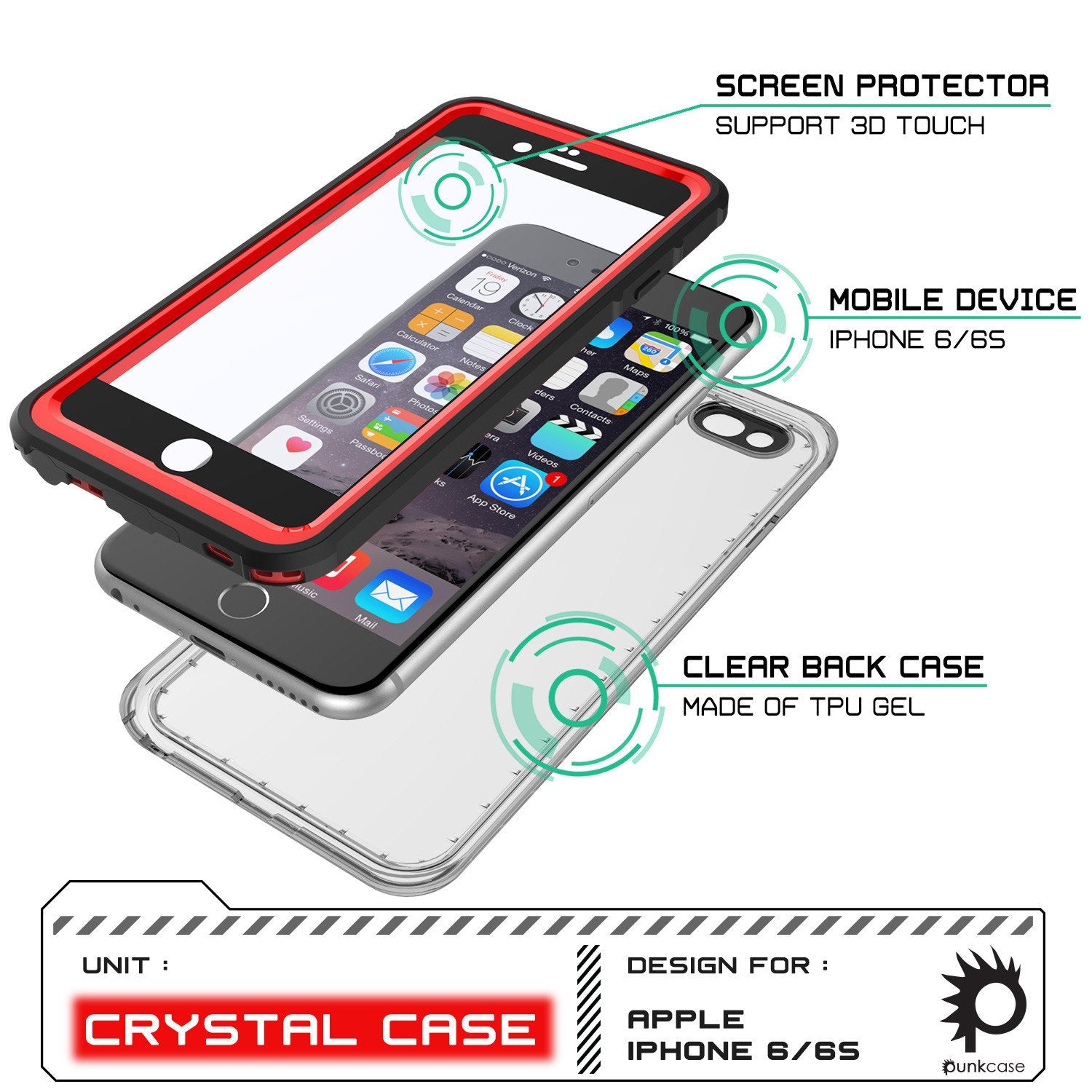 iPhone 6+/6S+ Plus Waterproof Case, PUNKcase CRYSTAL Red W/ Attached Screen Protector | Warranty