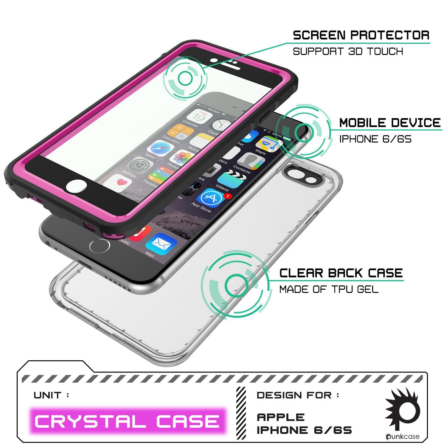 iPhone 6+/6S+ Plus Waterproof Case, PUNKcase CRYSTAL Pink W/ Attached Screen Protector | Warranty
