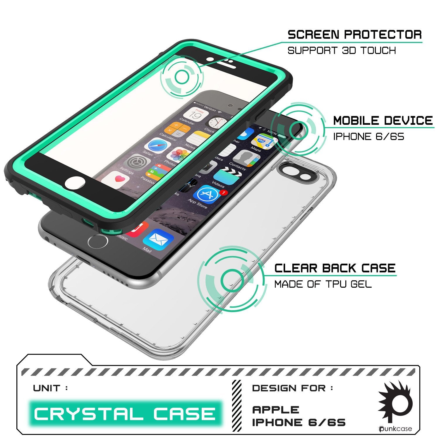 iPhone 6/6S Waterproof Case, PUNKcase CRYSTAL Teal W/ Attached Screen Protector  | Warranty