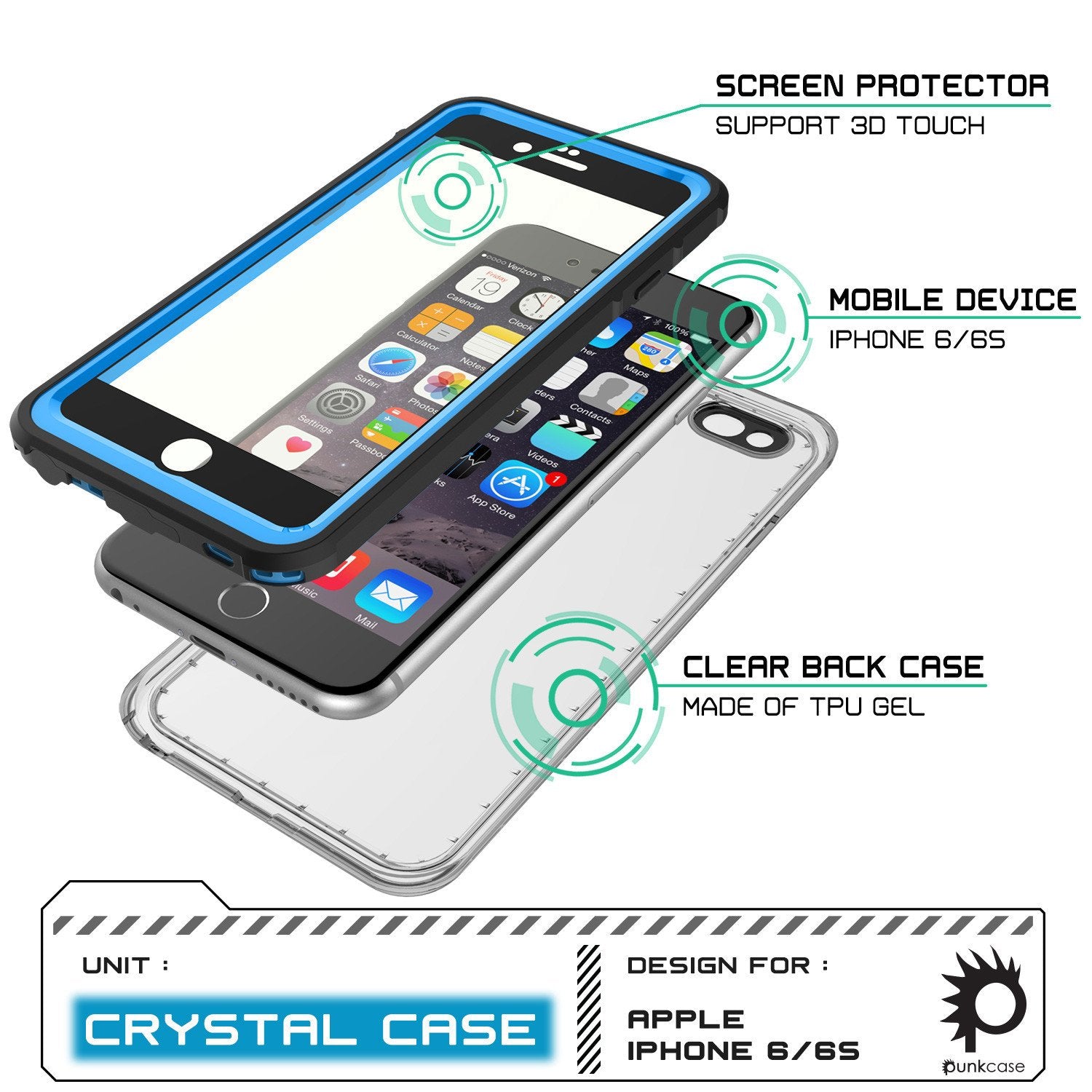 iPhone 6+/6S+ Plus  Waterproof Case, PUNKcase CRYSTAL Light Blue  W/ Attached Screen Protector