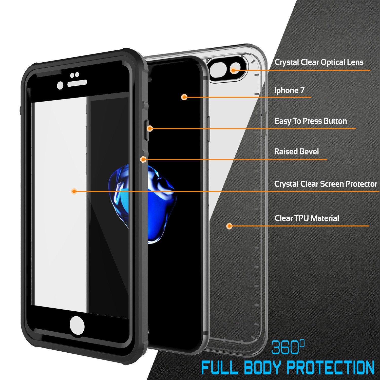 Apple iPhone 7 Waterproof Case, PUNKcase CRYSTAL Black W/ Attached Screen Protector  | Warranty