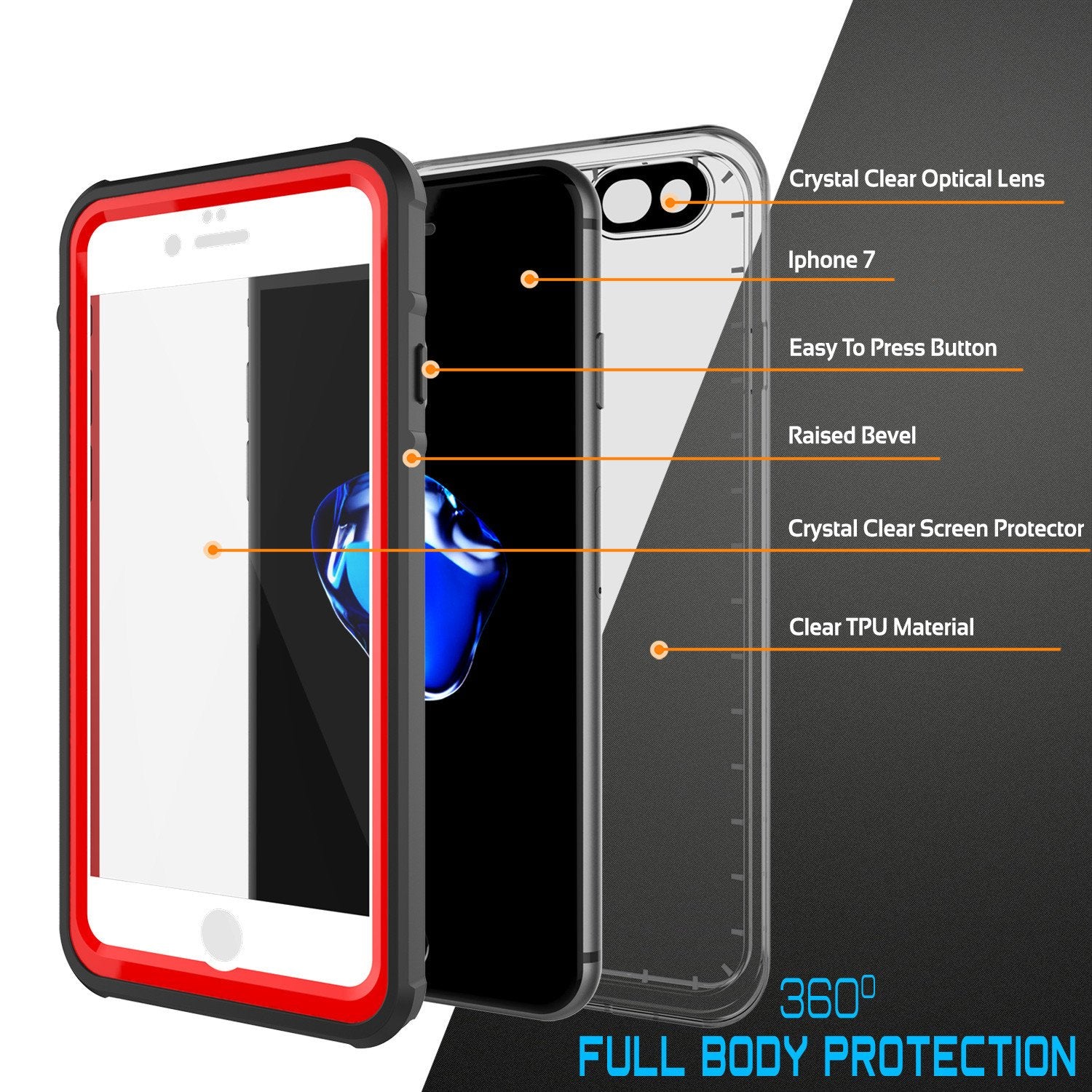 Apple iPhone 7 Waterproof Case, PUNKcase CRYSTAL Red W/ Attached Screen Protector  | Warranty