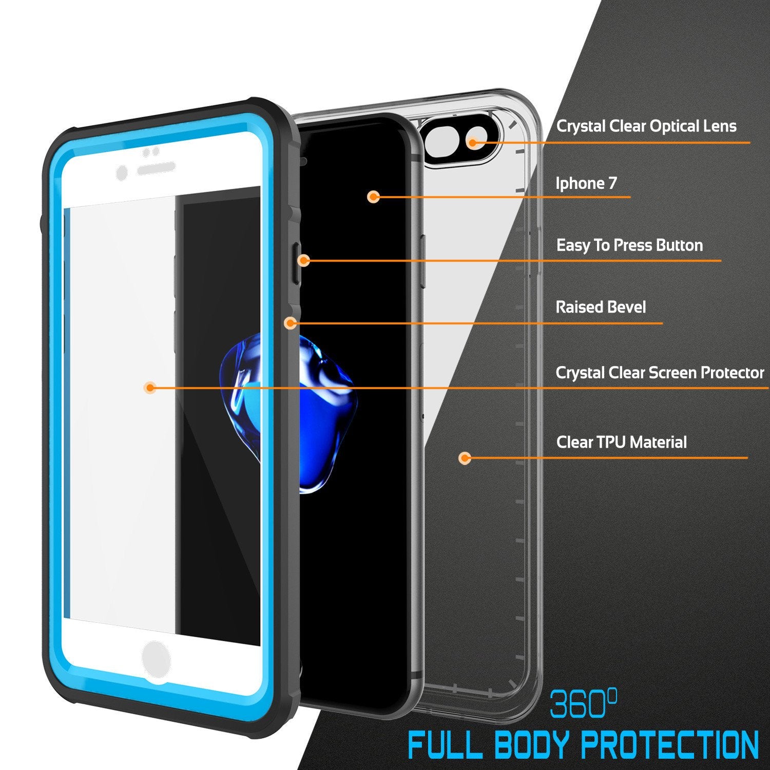 Apple iPhone 7 Waterproof Case, PUNKcase CRYSTAL Light Blue  W/ Attached Screen Protector  | Warranty