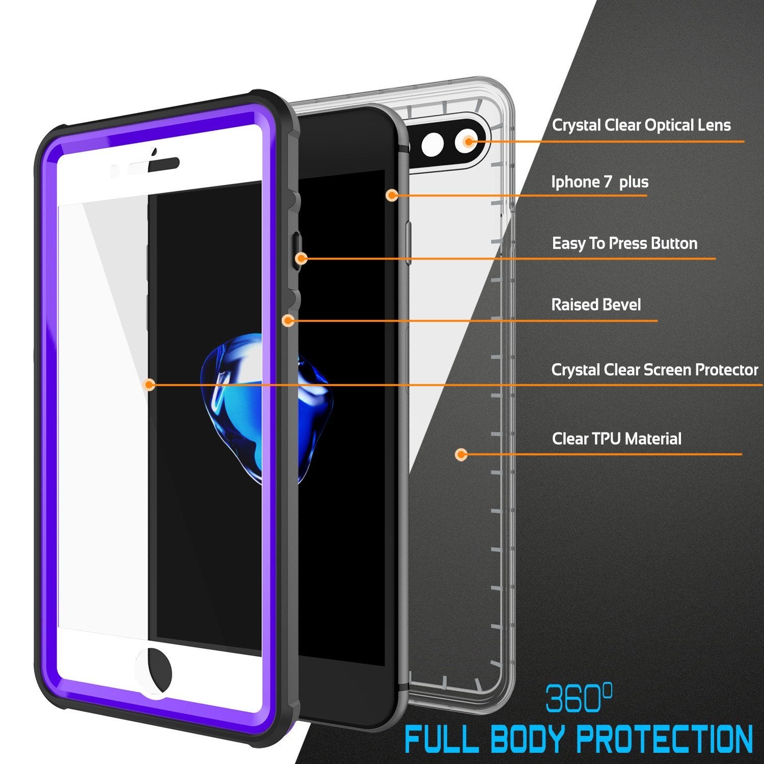 iPhone 8+ Plus Waterproof Case, PUNKcase CRYSTAL Purple W/ Attached Screen Protector  | Warranty