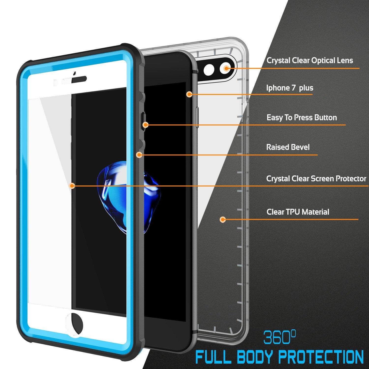 iPhone 8+ Plus Waterproof Case, PUNKcase CRYSTAL Light Blue  W/ Attached Screen Protector  | Warranty