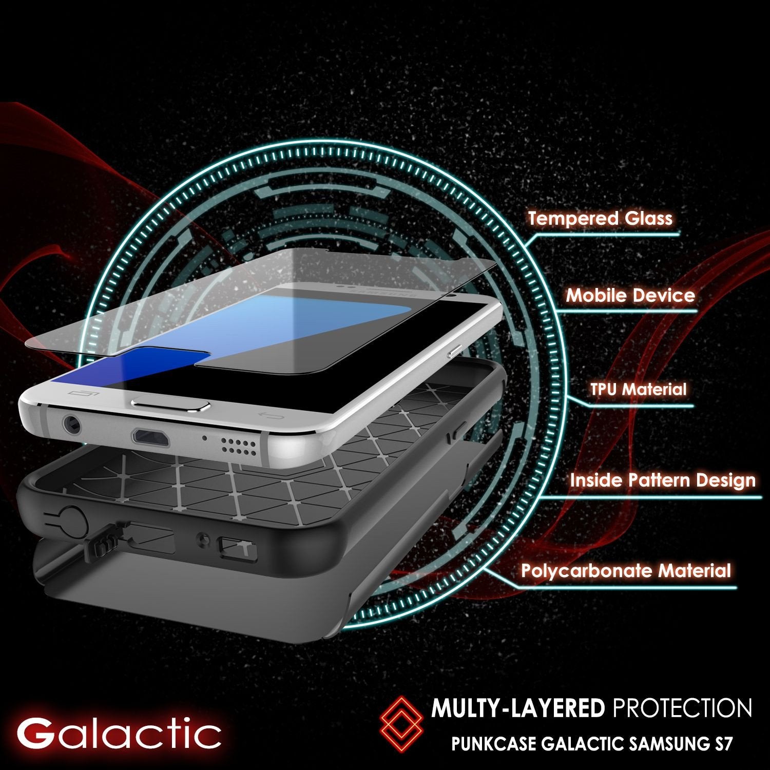 Galaxy s7 Case PunkCase Galactic Black Series Slim Armor Soft Cover Case w/ Tempered Glass