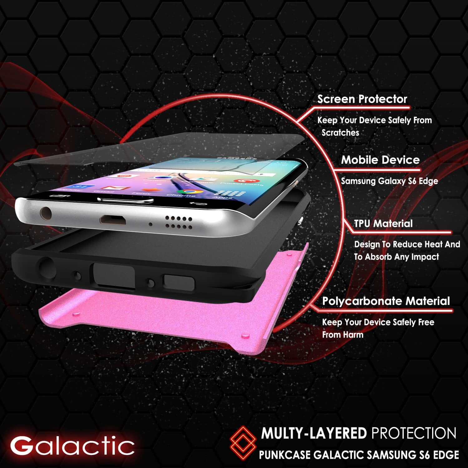 Galaxy s6 EDGE Case PunkCase Galactic Pink Series Slim Armor Soft Cover w/ Screen Protector