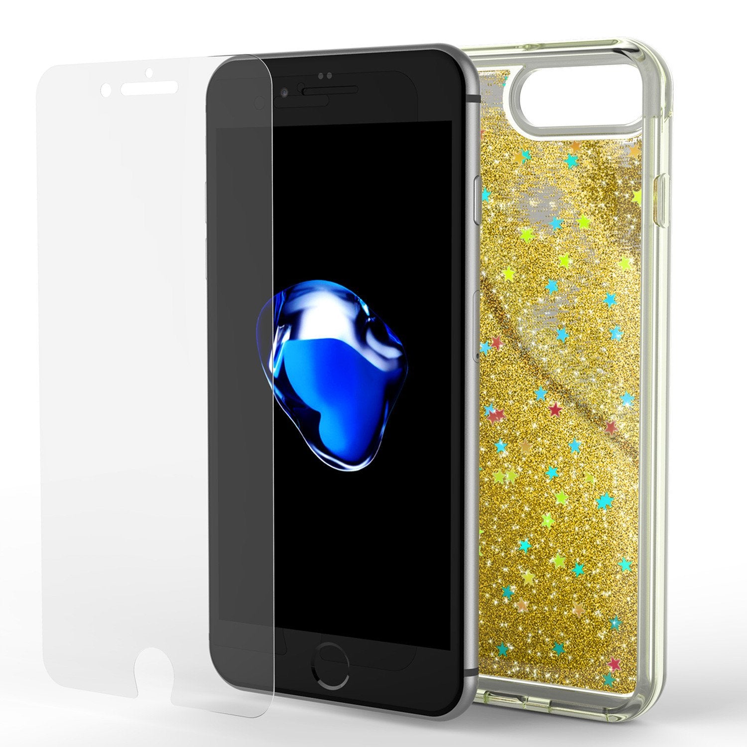 iPhone 7 Plus Case, Punkcase [Liquid Gold Series] Protective Dual Layer Floating Glitter Cover with lots of Bling & Sparkle + 0.3mm Tempered Glass Screen Protector for Apple iPhone 7s Plus